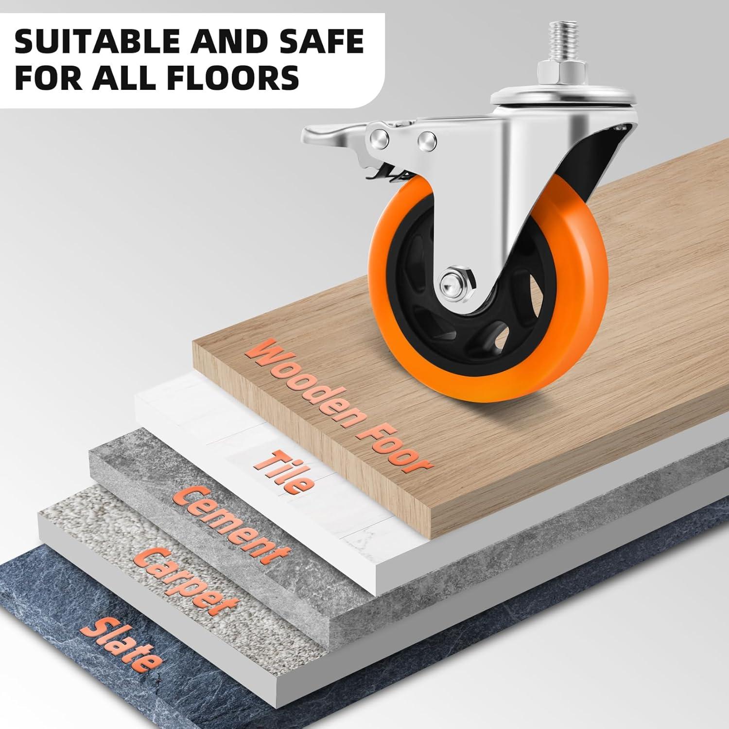 4 Inch Orange Polyurethane Heavy Duty Stem Caster Wheels with Dual Locking