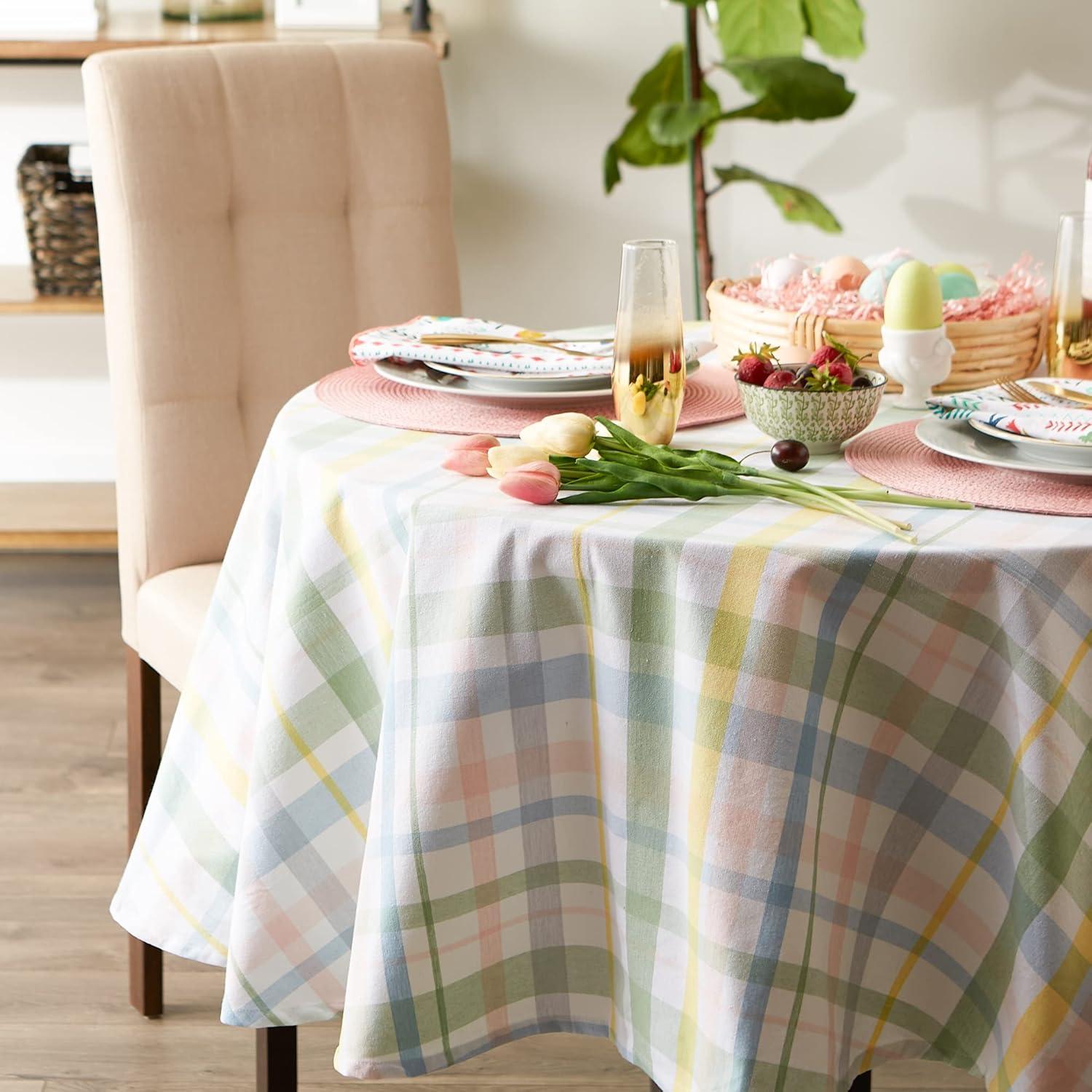 Pastel Plaid Cotton Round Tablecloth, 70 Inches