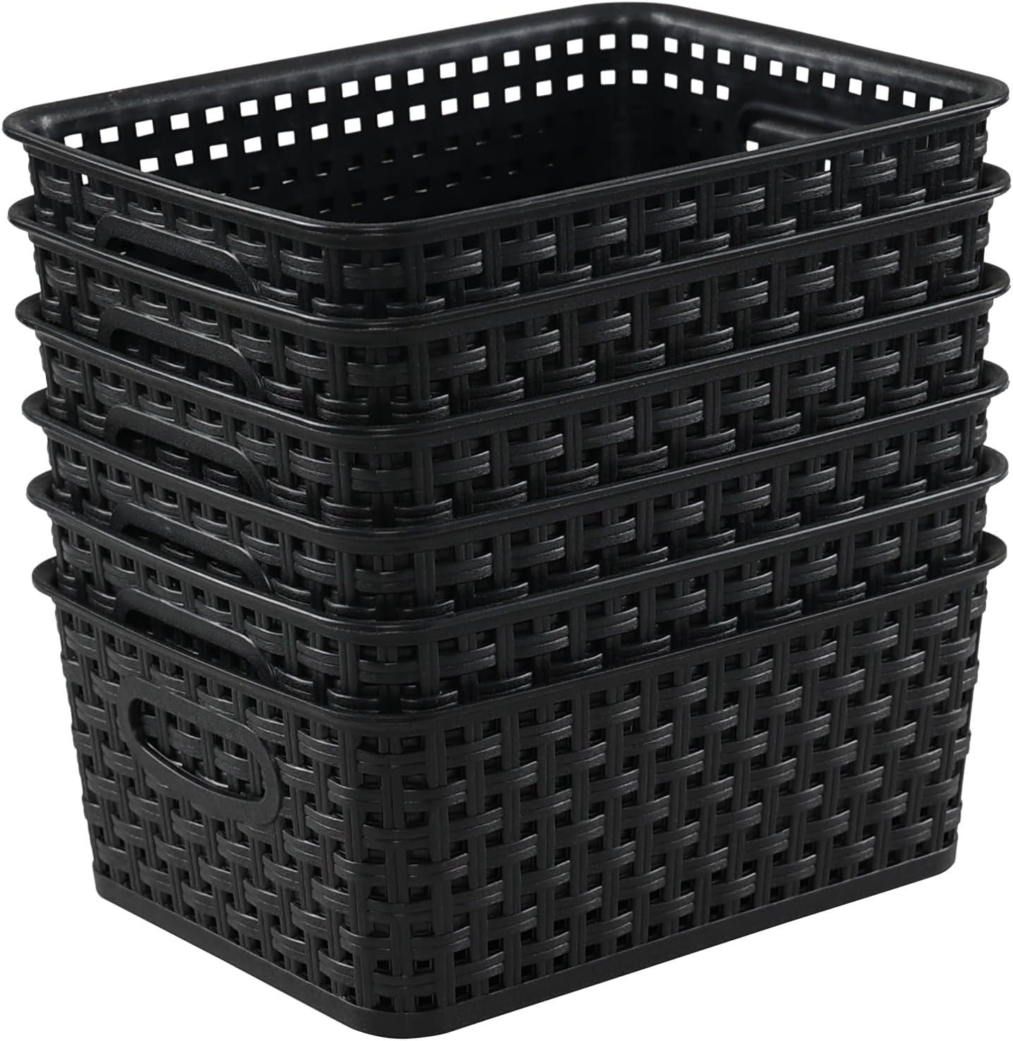 Black Rectangular Plastic Woven Storage Baskets, Set of 6