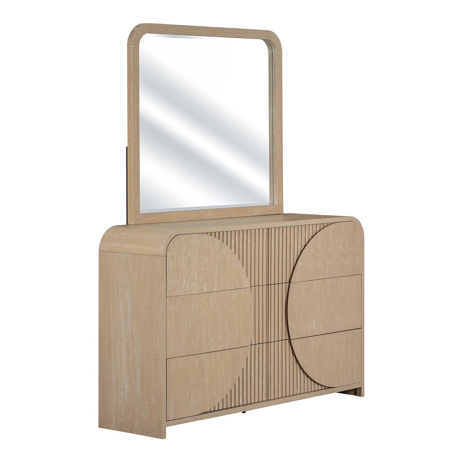 Furniture of America Tissen Modern Solid Wood 5-Piece Queen Bedroom Set with USB Ports, Reeded Panels, Curved Edges and Beveled Mirror, Box Spring Needed, Natural