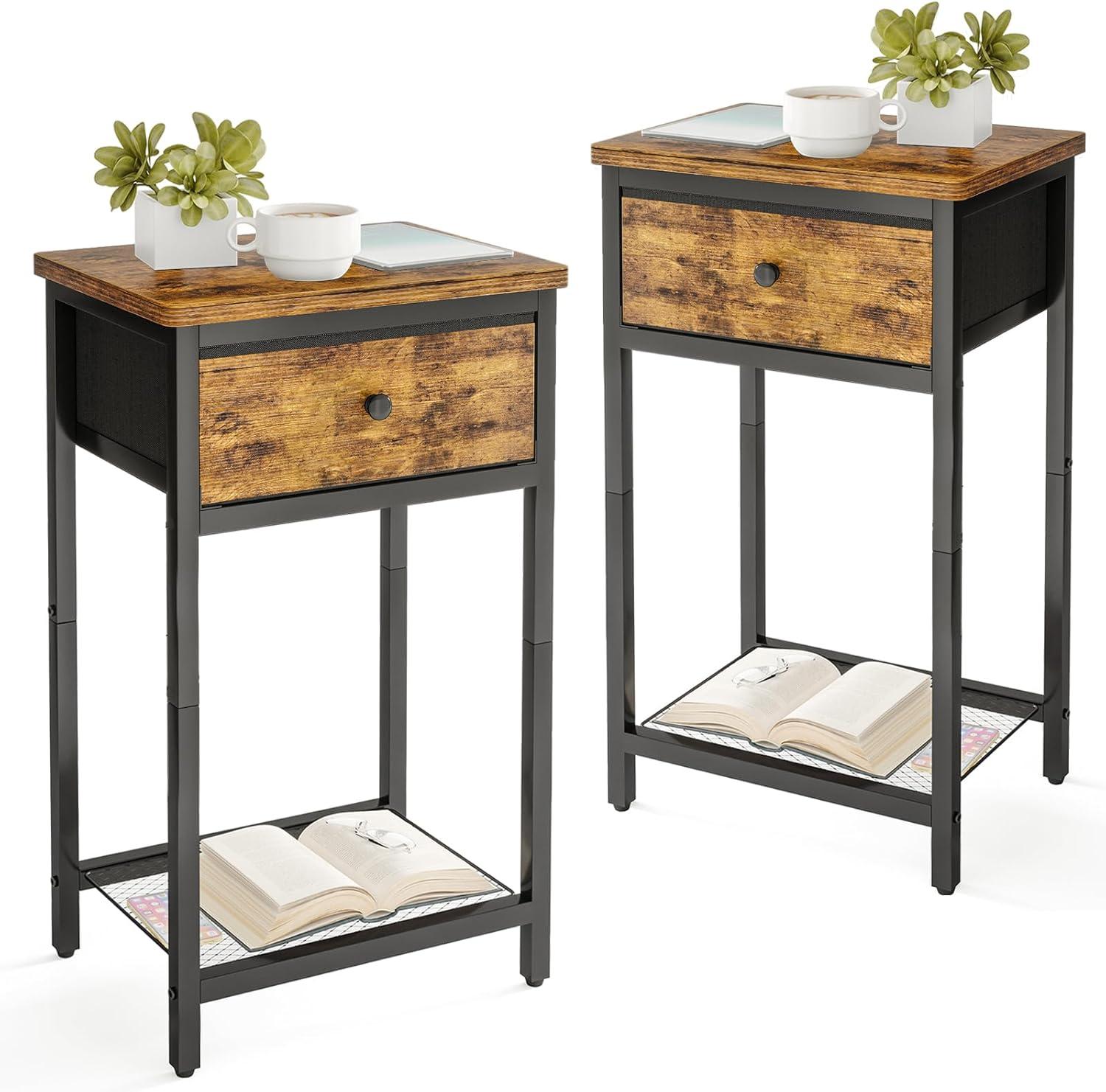 Furologee Nightstands Set of 2, Industrial End Table with Fabric Drawer & Storage Shelf, Retro Bedside Tables Organizer, Sturdy Side Table for Living Room, Bedroom