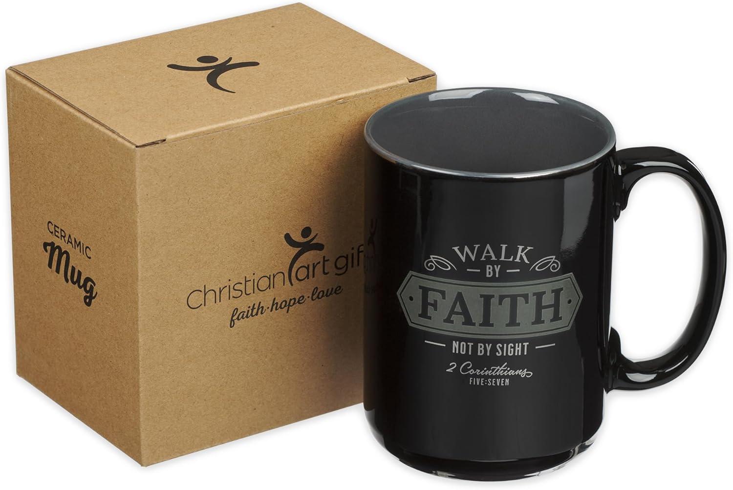 Christian Art Gifts Large Ceramic Bible Verse Coffee & Tea Mug for Men: Walk by Faith - 2 Corinthians 5:7 Inspirational Scripture, Non-toxic & Lead-free Novelty Drinkware, Black/Gray w/Silver, 14 oz.