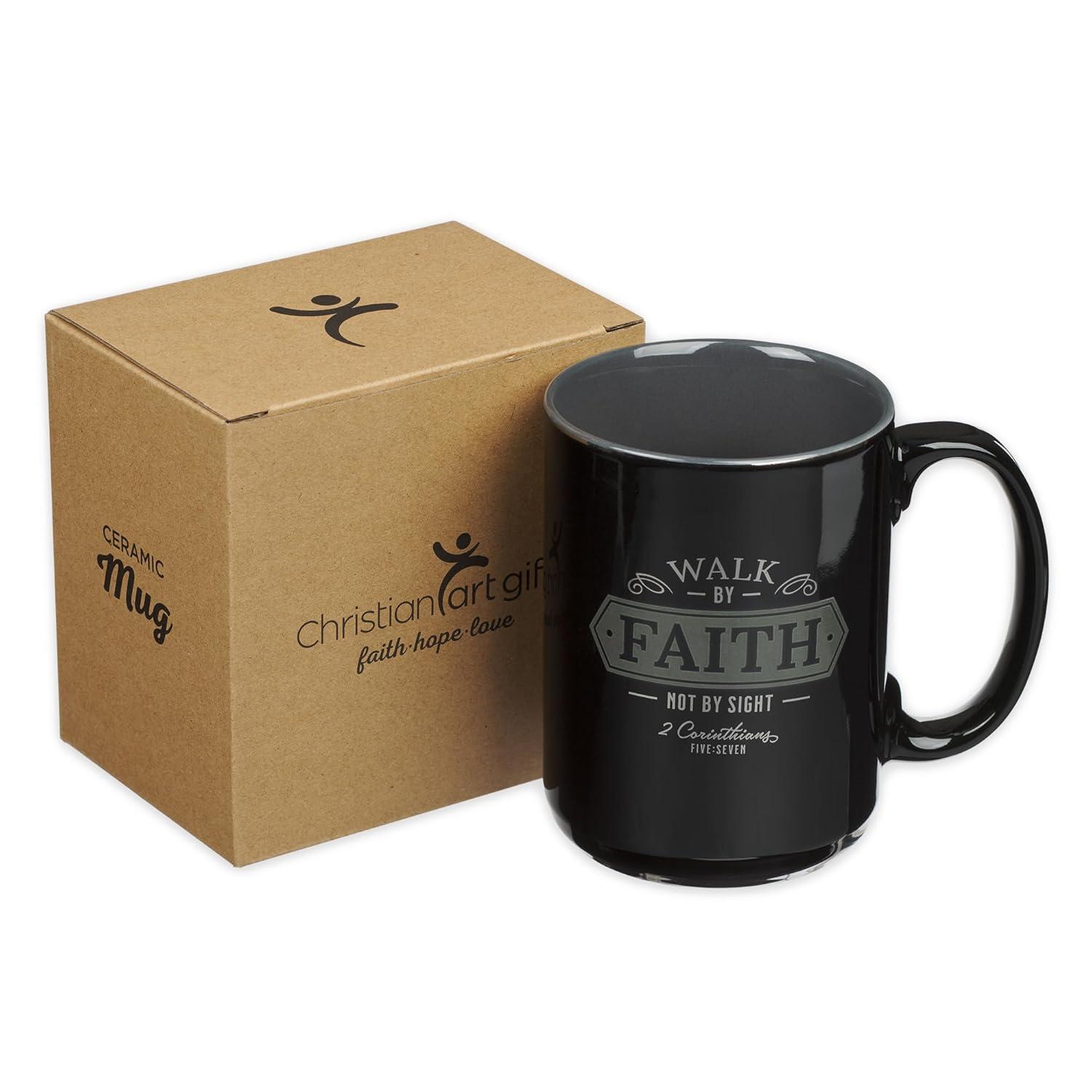 Christian Art Gifts Large Ceramic Bible Verse Coffee & Tea Mug for Men: Walk by Faith - 2 Corinthians 5:7 Inspirational Scripture, Non-toxic & Lead-free Novelty Drinkware, Black/Gray w/Silver, 14 oz.