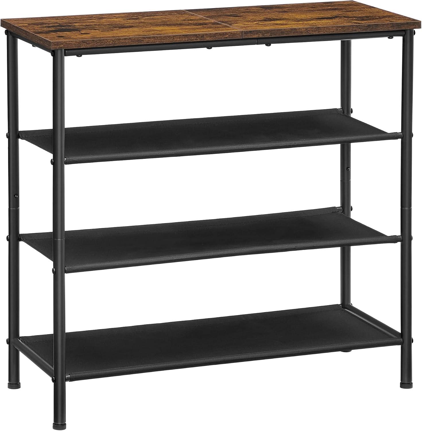 Industrial Black and Rustic Brown 4-Tier Fabric and Metal Shoe Rack