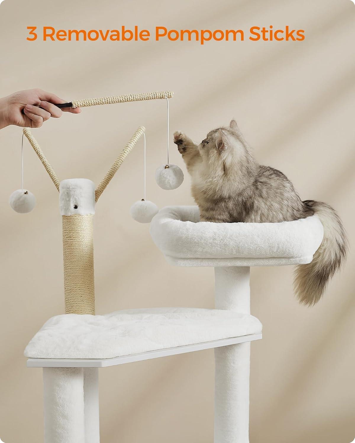 Feandrea Cat Tree with Litter Box Enclosure, 2-in-1 Modern Cat Tower, 55.1-Inch Cat Condo with Scratching Posts, Removable Pompom Sticks, Greige UPCT113G01