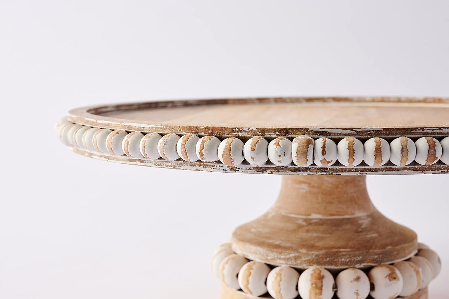 Whitewashed Beaded Mango Wood Pedestal Cake Stand Set