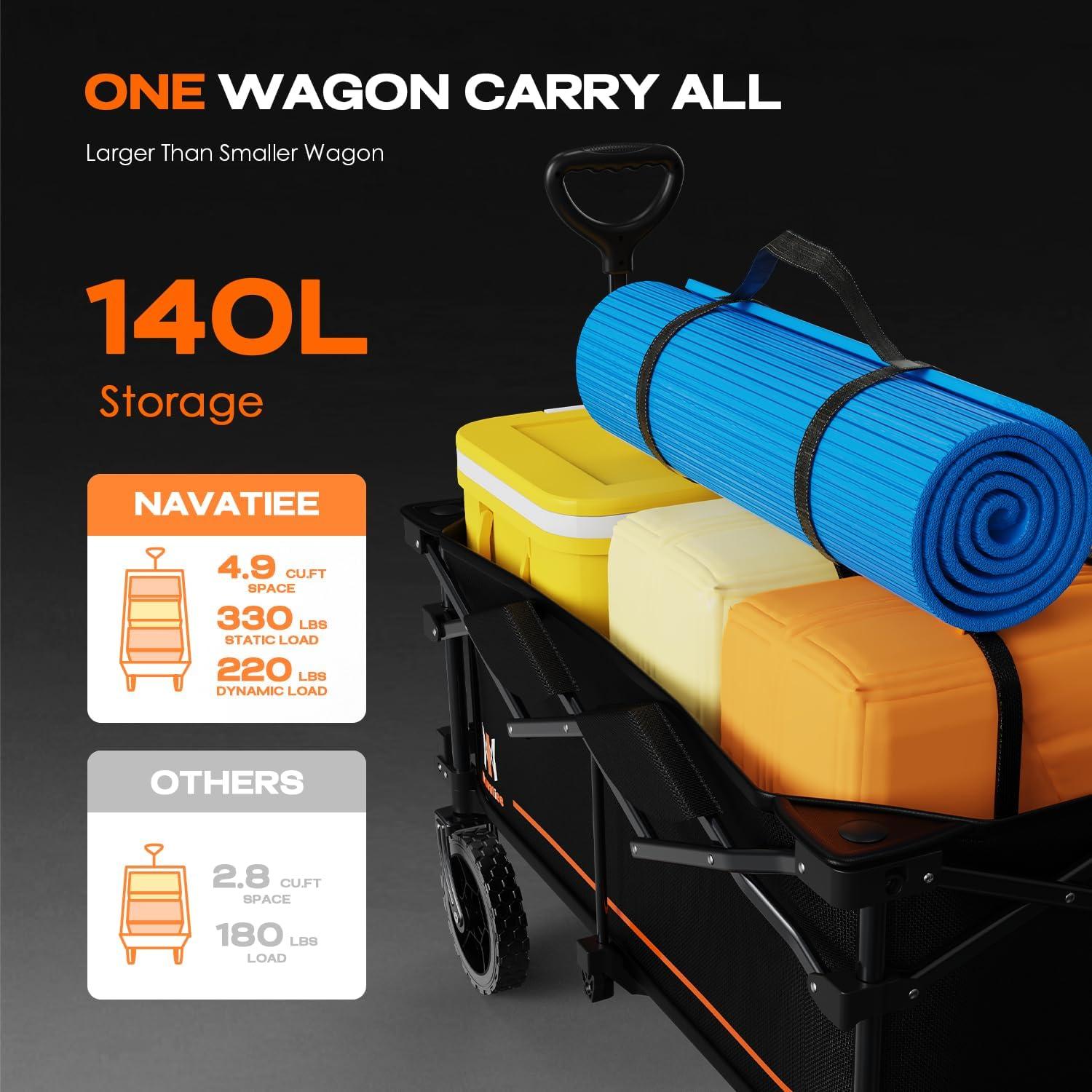 140L Collapsible Wagon Cart Foldable, Folding Utility Grocery Cart with Side Pocket and Brakes for Shopping, Sports, Camping and Garden, Black