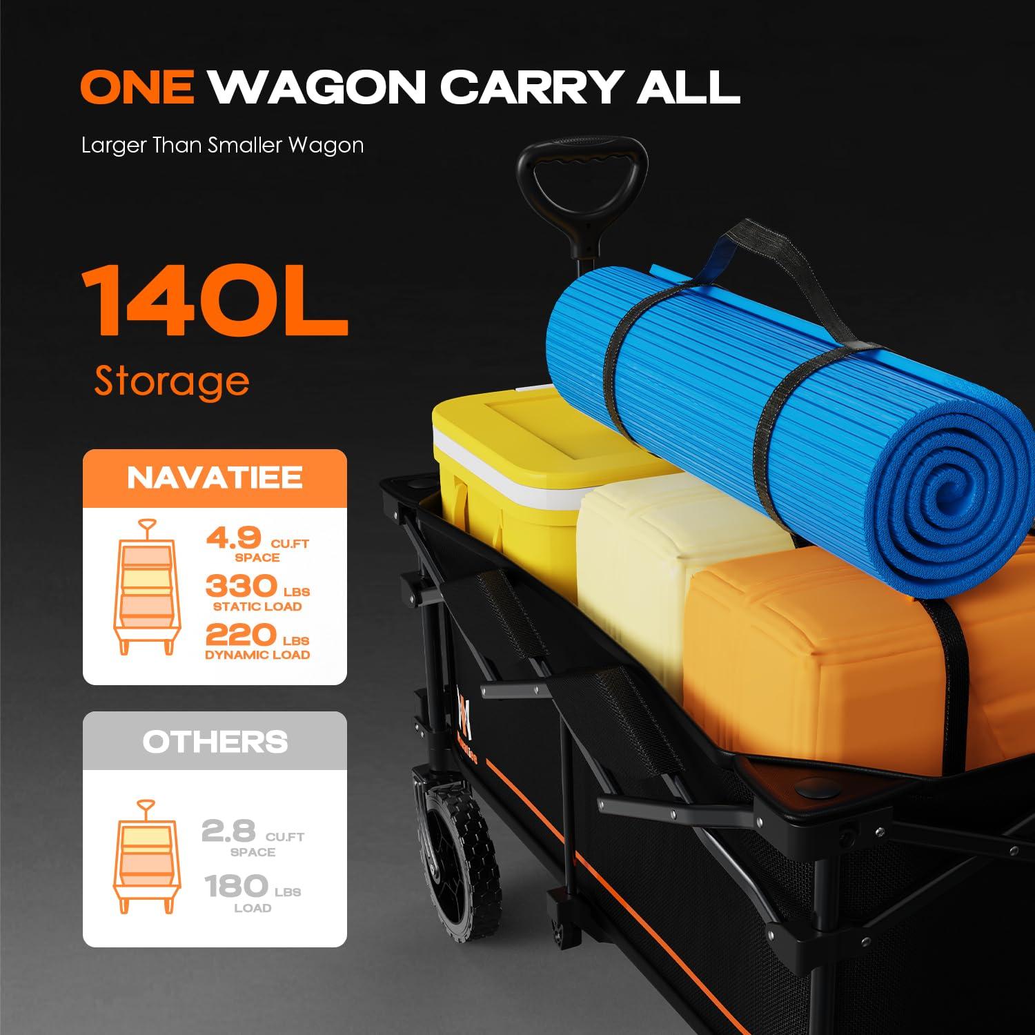 140L Collapsible Wagon Cart Foldable, Folding Utility Grocery Cart with Side Pocket and Brakes for Shopping, Sports, Camping and Garden, Black