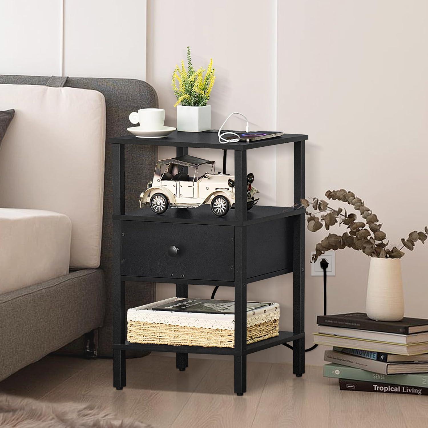 Black Wood 3-Tier Nightstand with Charging Station