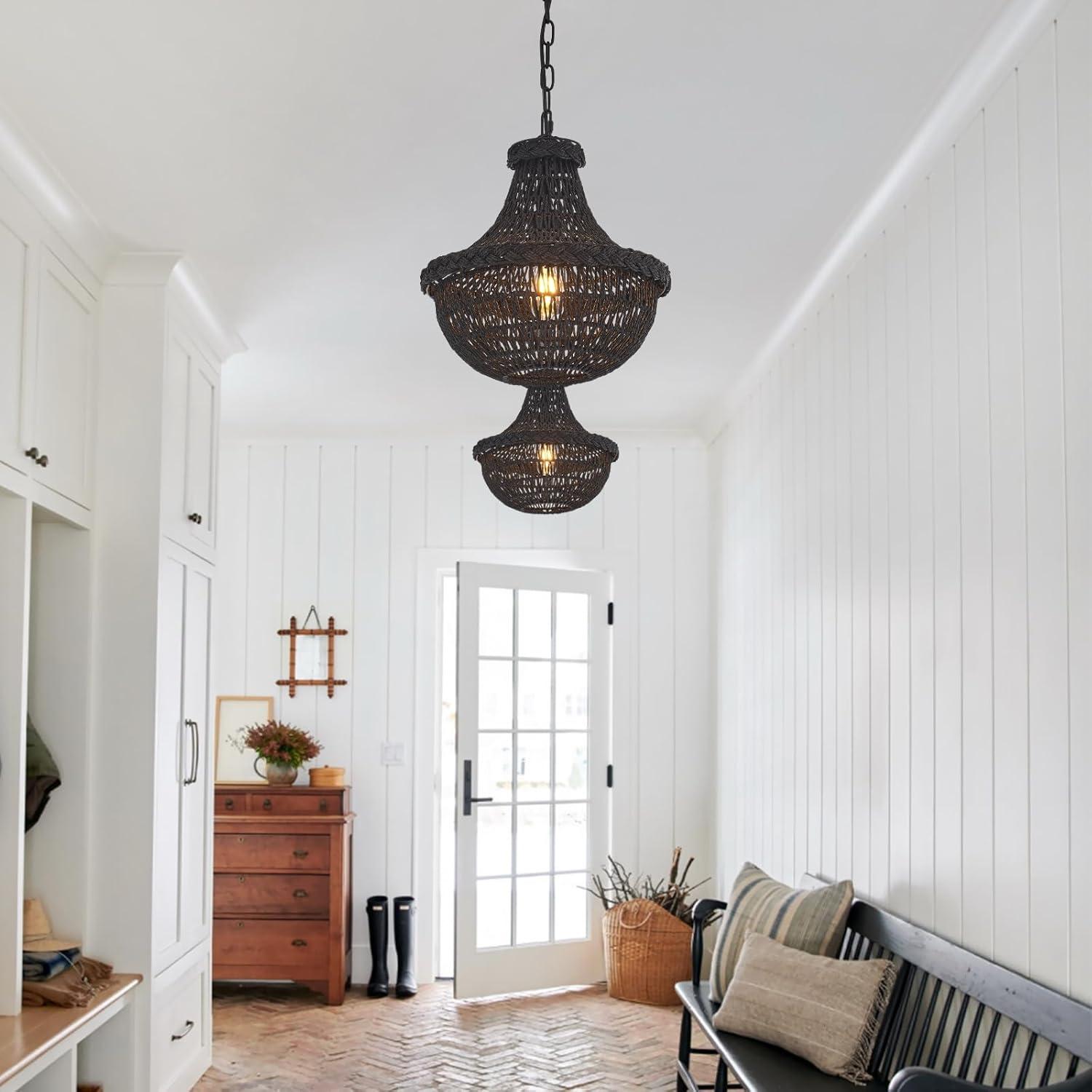 19.69" Boho Black Rattan Chandelier Vintage 4-Lights Farmhouse Hand-Woven Bamboo Basket Chandelier Light Fixture Rustic Wicker Rattan Chandeliers for Dining Room, Kitchen, Living Room