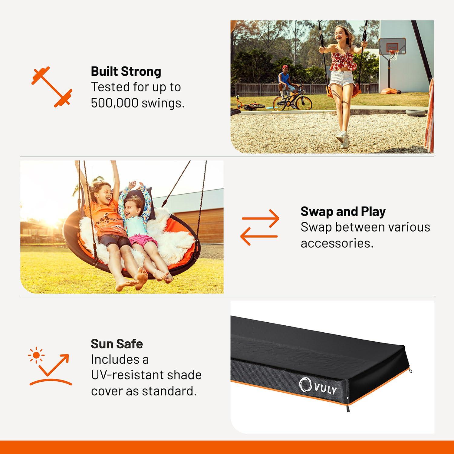 VULY 360 Pro Max C2 - 2 Bay Swing Set Backyard Metal Swing Set with Spin Swing & Seat Swing Outdoor Playground for Kids and Adults | Swings Cross Compatible with VULY Monkey Bars