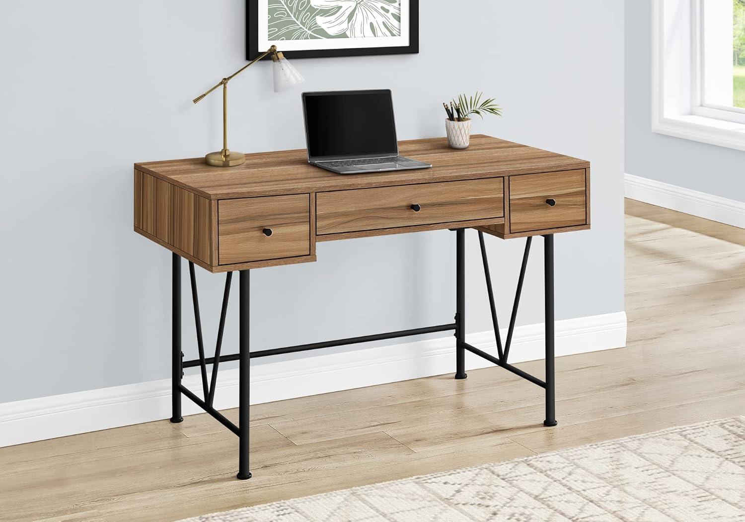 Light Brown Reclaimed Wood Home Office Desk with Black Metal Legs and Drawers