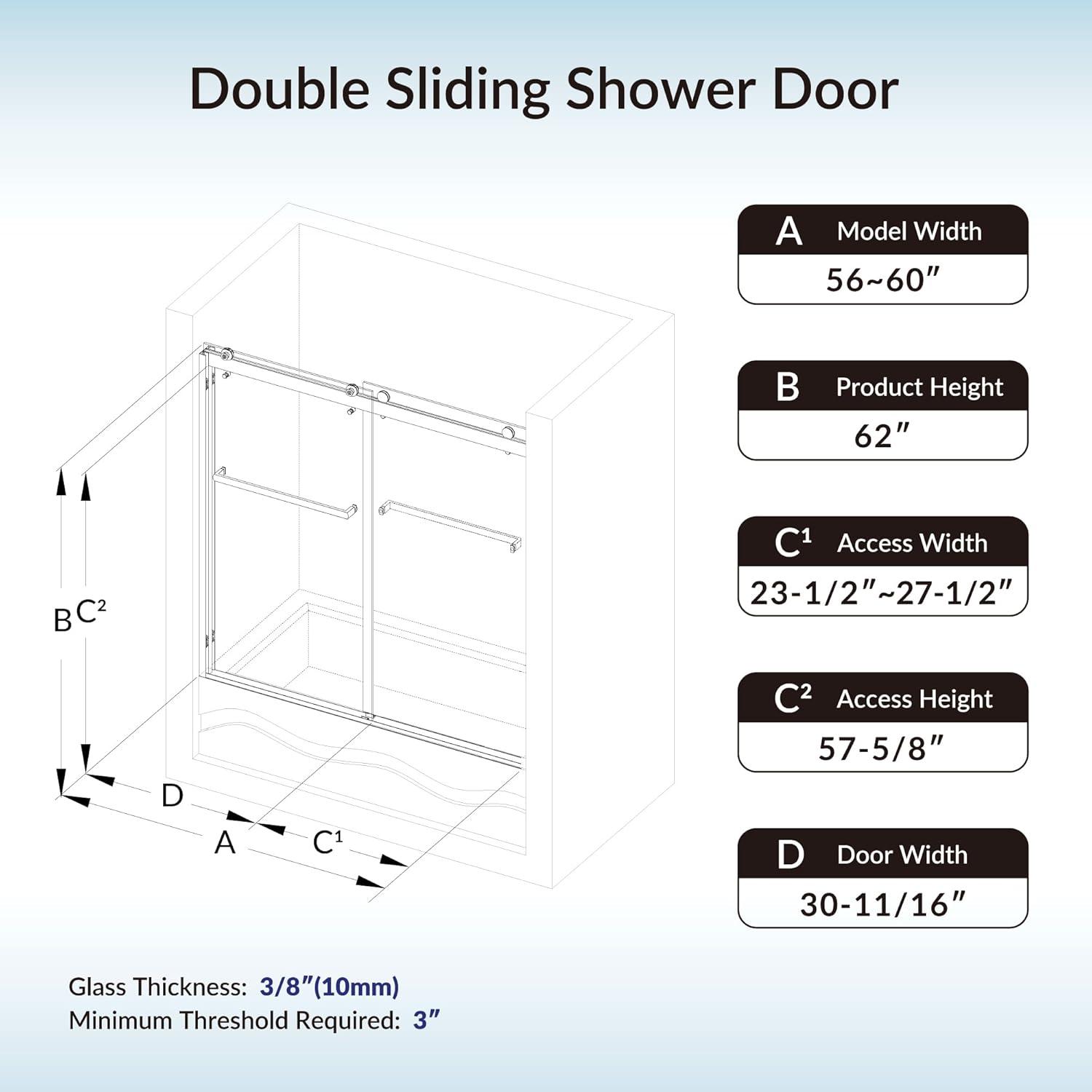 WoodBridge 56-60x76" Double Sliding Shower Door with 3/8" Thickened Upgrade Tempered Glass | Stainless Steel Hardware | Safe, Explosion-Resistant, Clear & Stylish, Sturdy & Durable  SDD6076-B