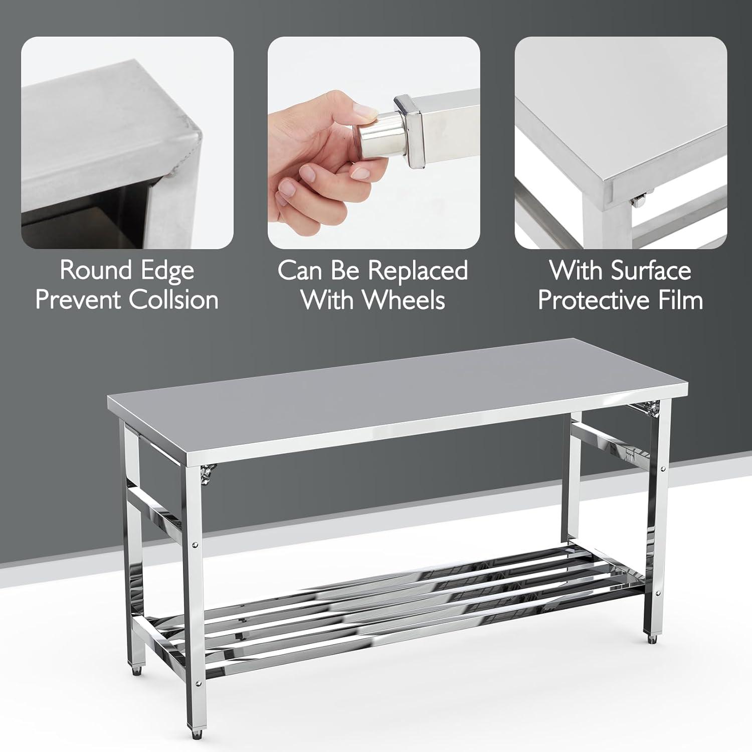 60 x 24 Inch Stainless Steel Folding Heavy Duty Table with Adjustable Undershelf for Restaurant Home and Hotel