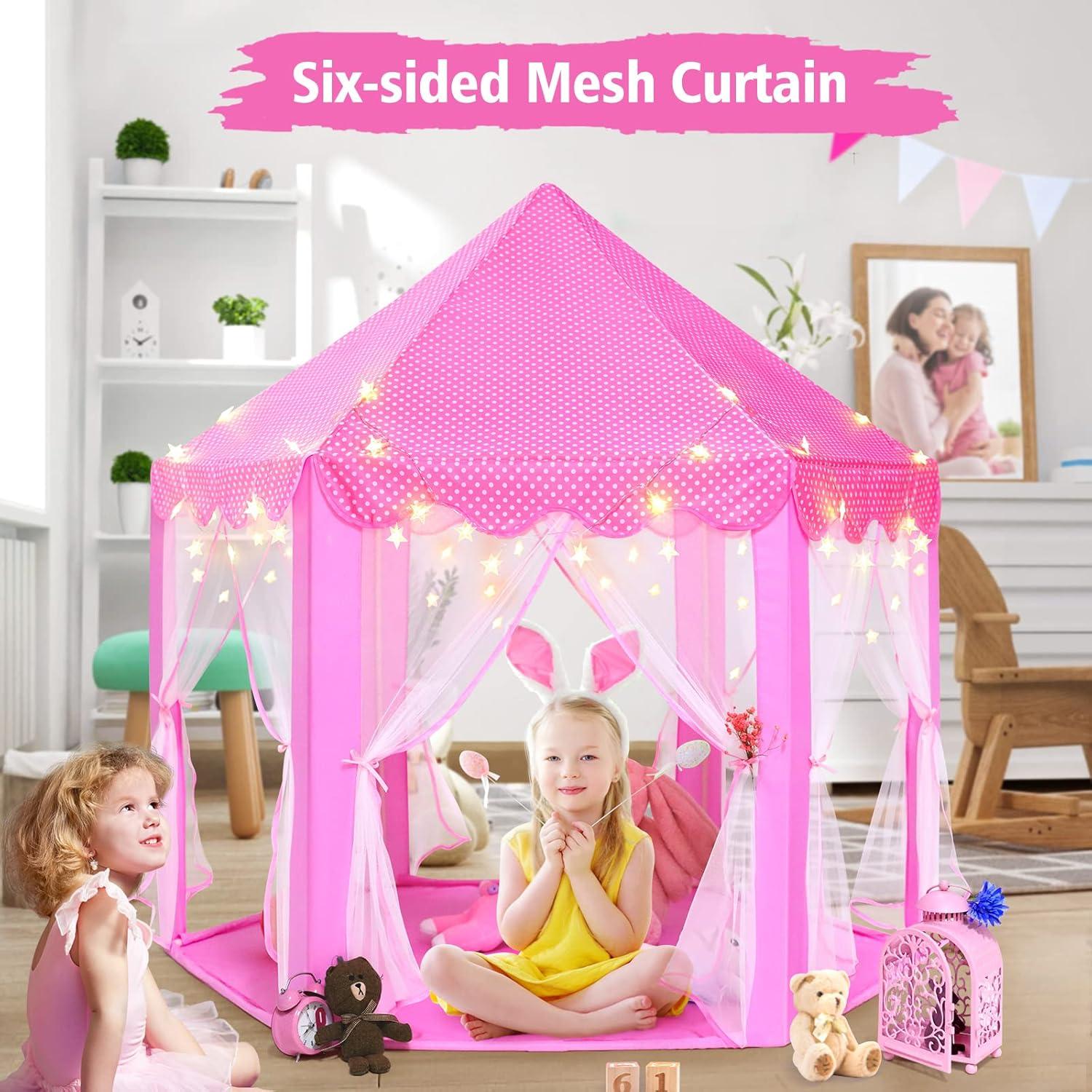 Princess Playhouse Play Tent with LED Lights, Large Collapsible Indoor / Outdoor Kids Teepee with Carrying Bag