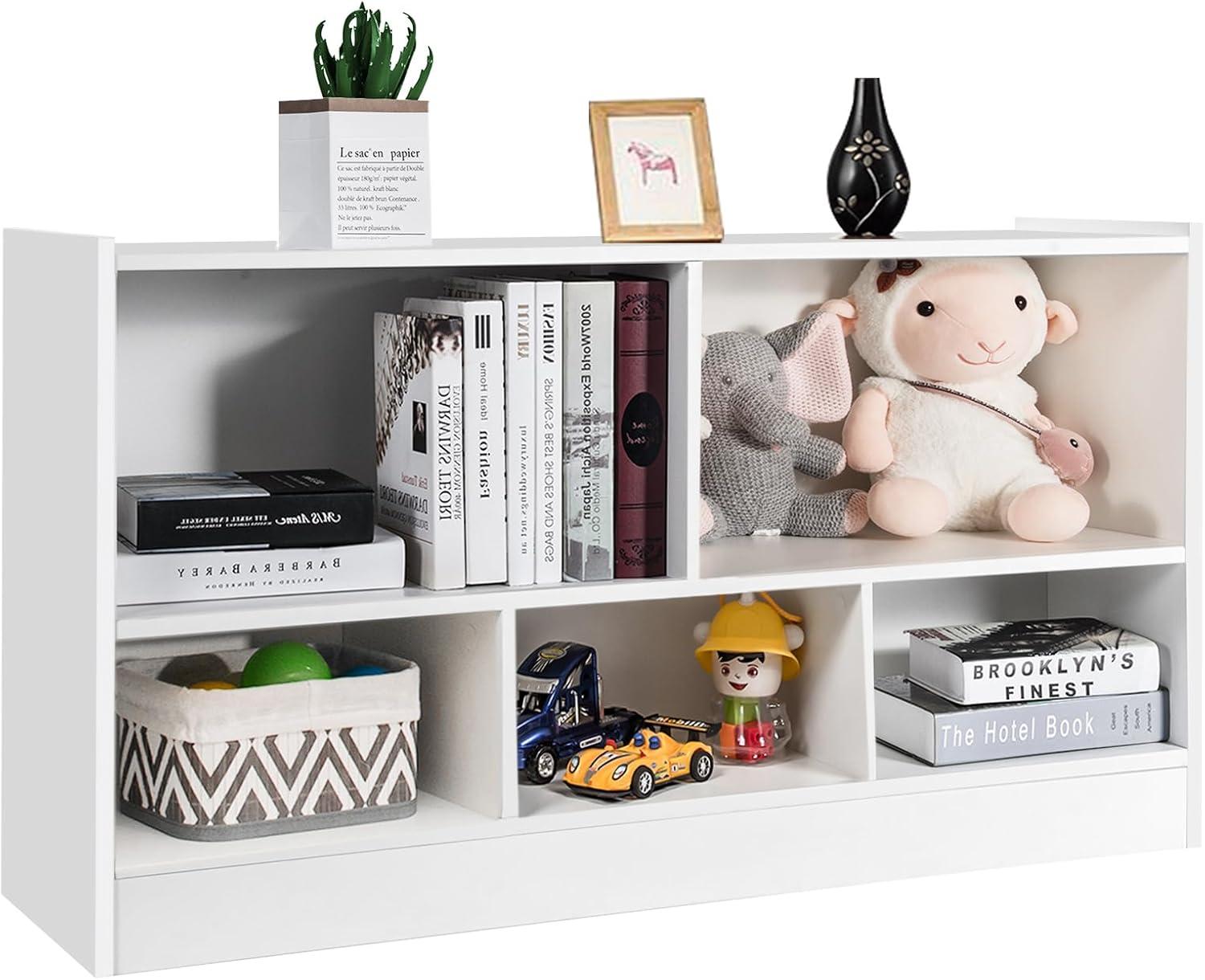 5 Cube Storage Organizer, 2-Tier Horizontal Bookshelf, Wooden Display Book Shelves for Home Office Classroom, Low Bookcase Under Window (White, 44” x 12” x 24”)