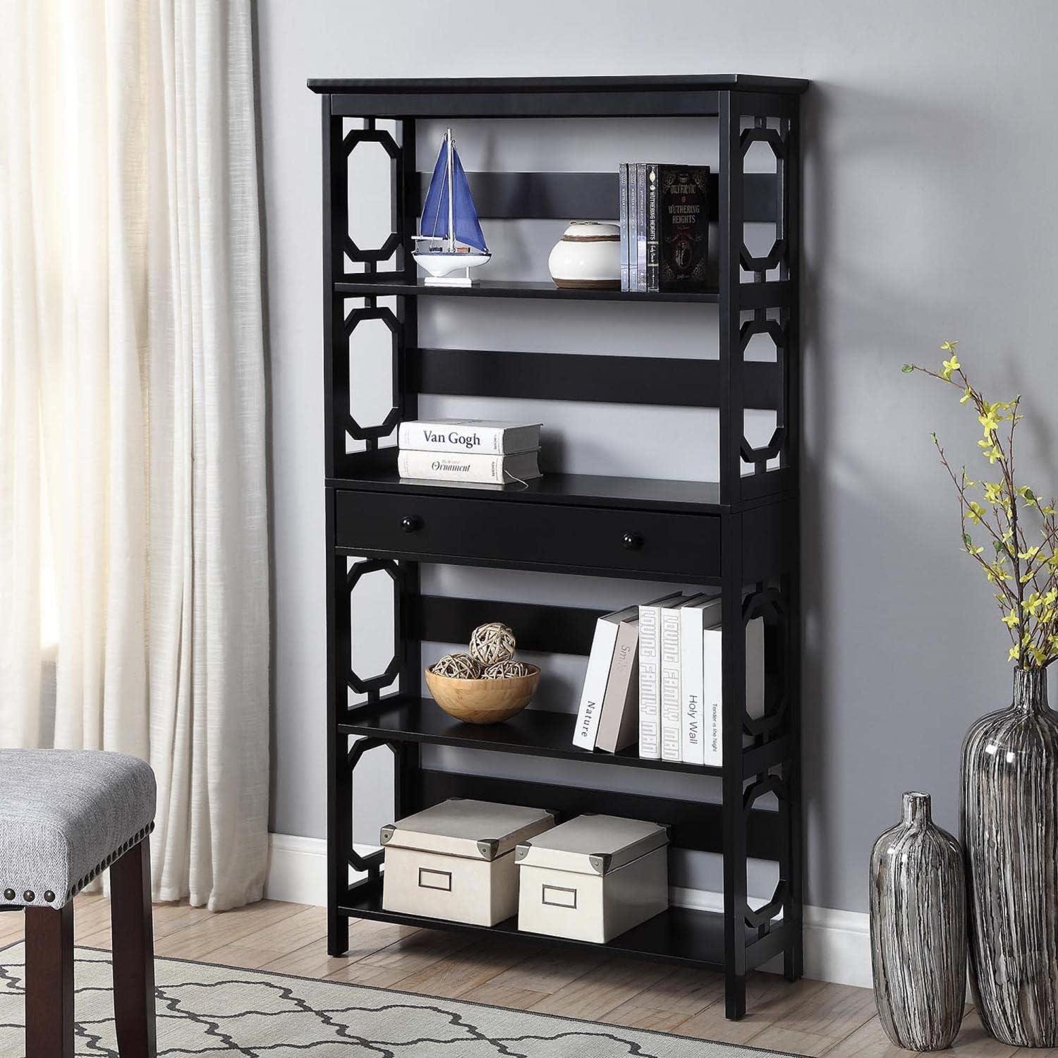 Black Wood 5-Tier Bookcase with Drawer