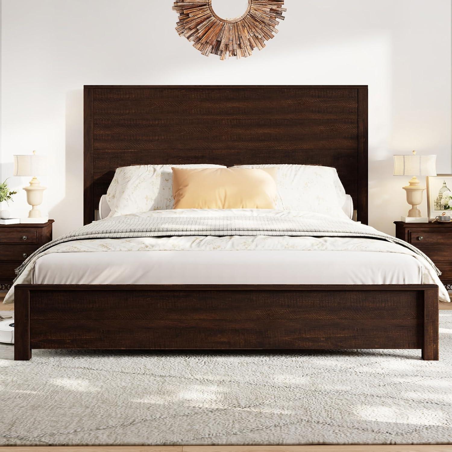 51.2" Solid Wood Bed Frame, Rustic Platform Bed With Spliced Headboard