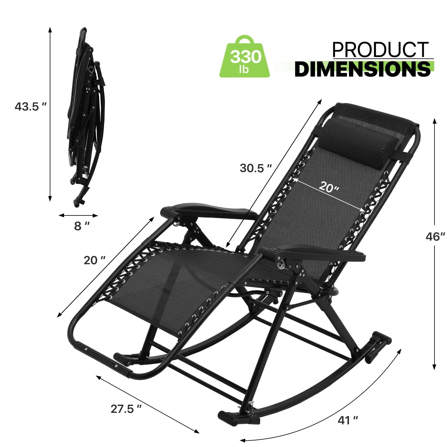 Magshion Set of 2 Zero Gravity Lounge Chairs, Adjustable Rocking Chairs with Pillow, Outdoor Beach Portable Foldable Recliner, Folding Lounge Rocker, Black