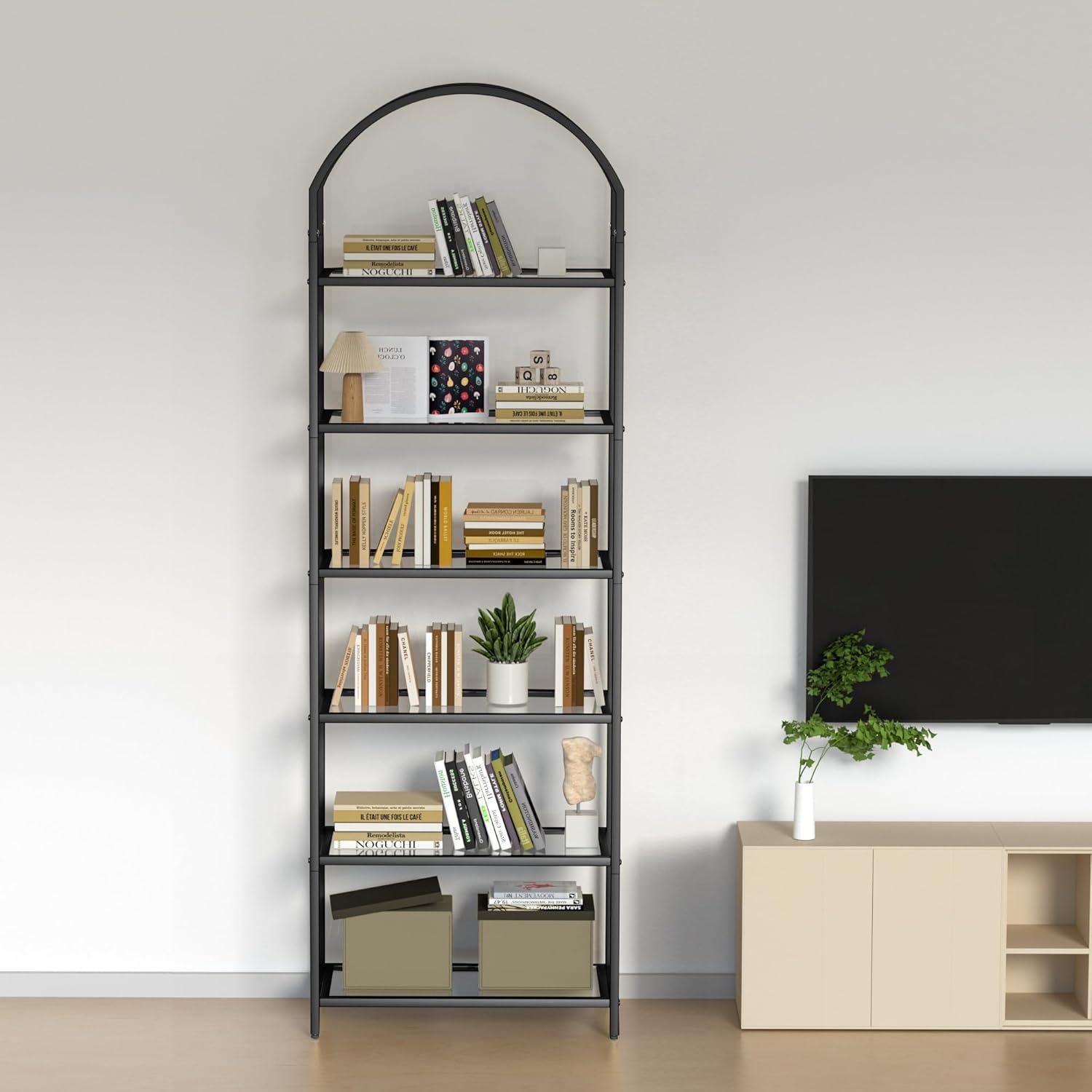 Bookcase Bookshelf, Tempered Glass Arched Bookshelf for More Storage, Slim Shelving Unit for Bedroom, Bathroom, Home Office, Steel Frame, 6 Tier Black BC20699B