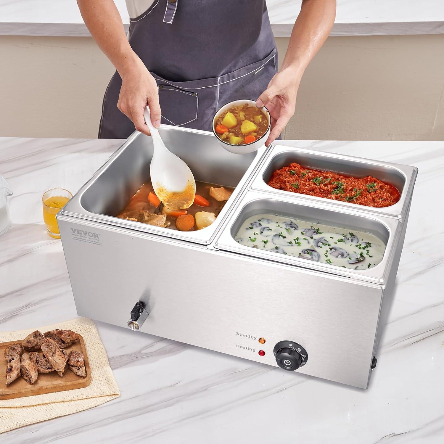 VEVOR 3-Pan Commercial Food Warmer, 17QT Electric Steam Table, 1200W Professional Countertop Stainless Steel Buffet Bain Marie with 86-185°F Temp Control for Catering and Restaurants, Silver