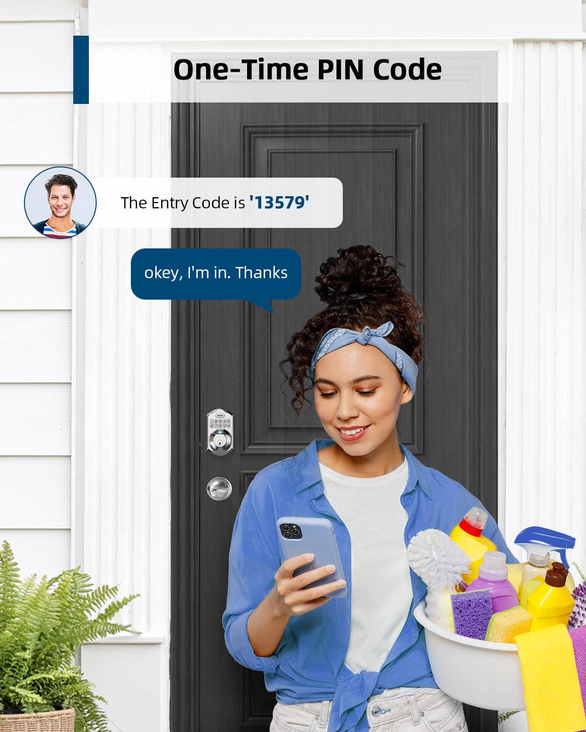 TEEHO Fingerpint Keyless Entry Keypad, Smart Digital Deadbolt Door Lock for Front Door, Remotely Share Temporary PIN Code, Easy Installation-Satin Nickel