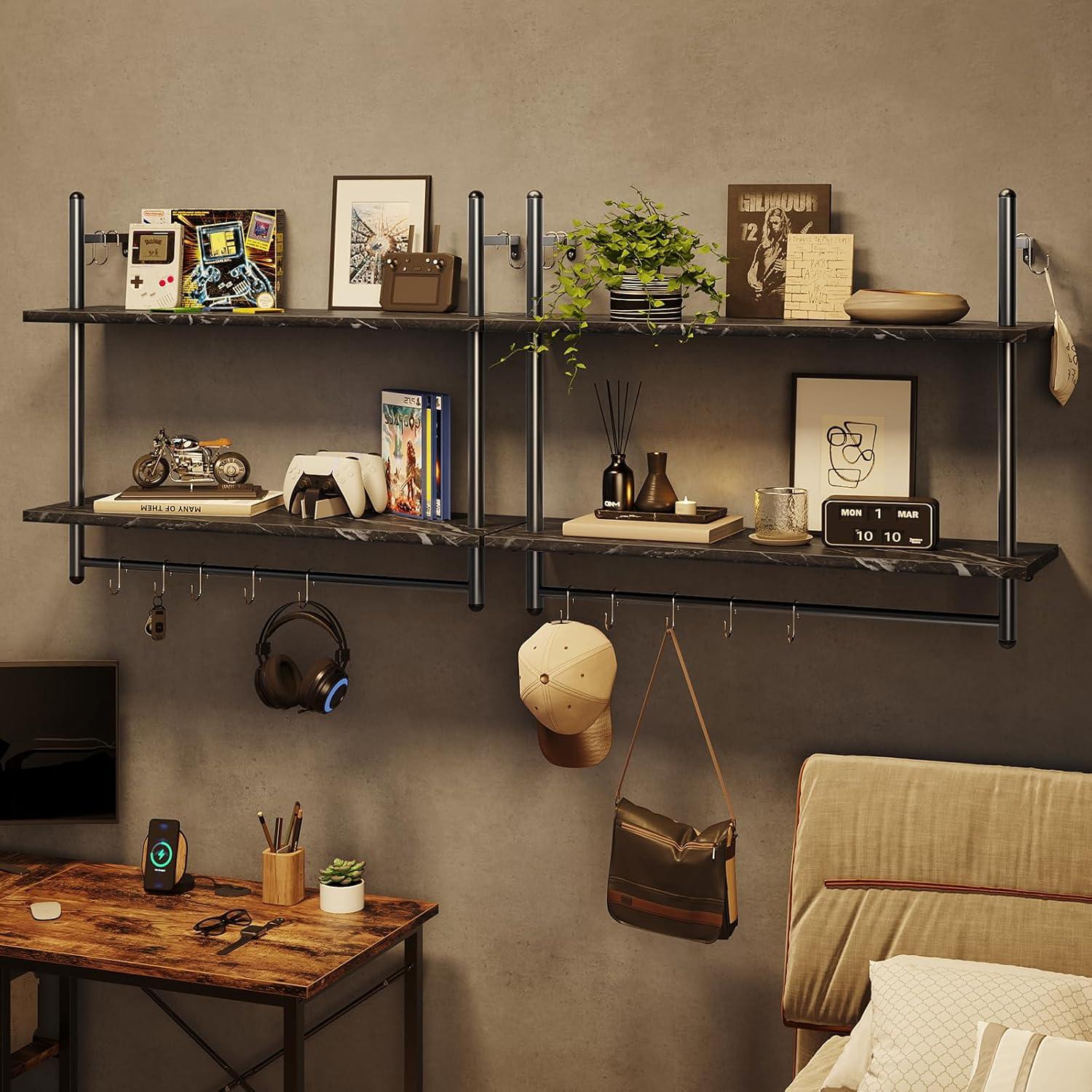 Bestier Industrial Pipe Shelf Bathroom Shelves with Towel Bar, 31 inch Floating Shelves 2 Tier for Wall Storage, Kitchen Wood Wall Mounted Shelf Display Rack for Living Room Bedroom, Black Marble
