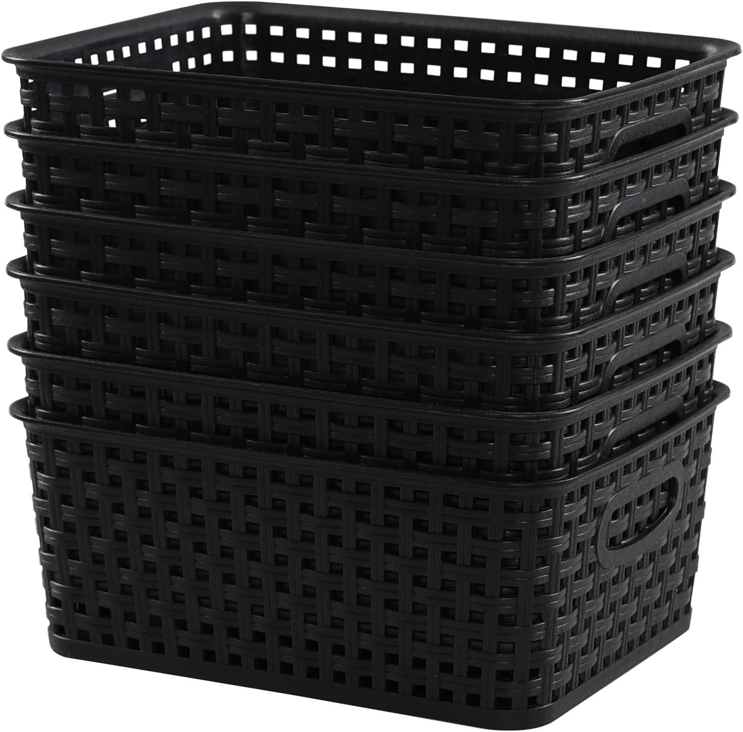 Black Rectangular Plastic Woven Storage Baskets, Set of 6