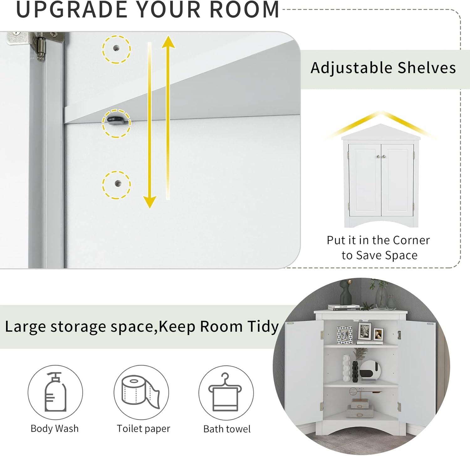 Yardmaster Bathroom Storage Cabinet, Corner Cabinet with 2 Doors and Adjustable Shelves, Freestanding Corner Storage Cabinet for Bathroom, Kitchen, Living Room, White