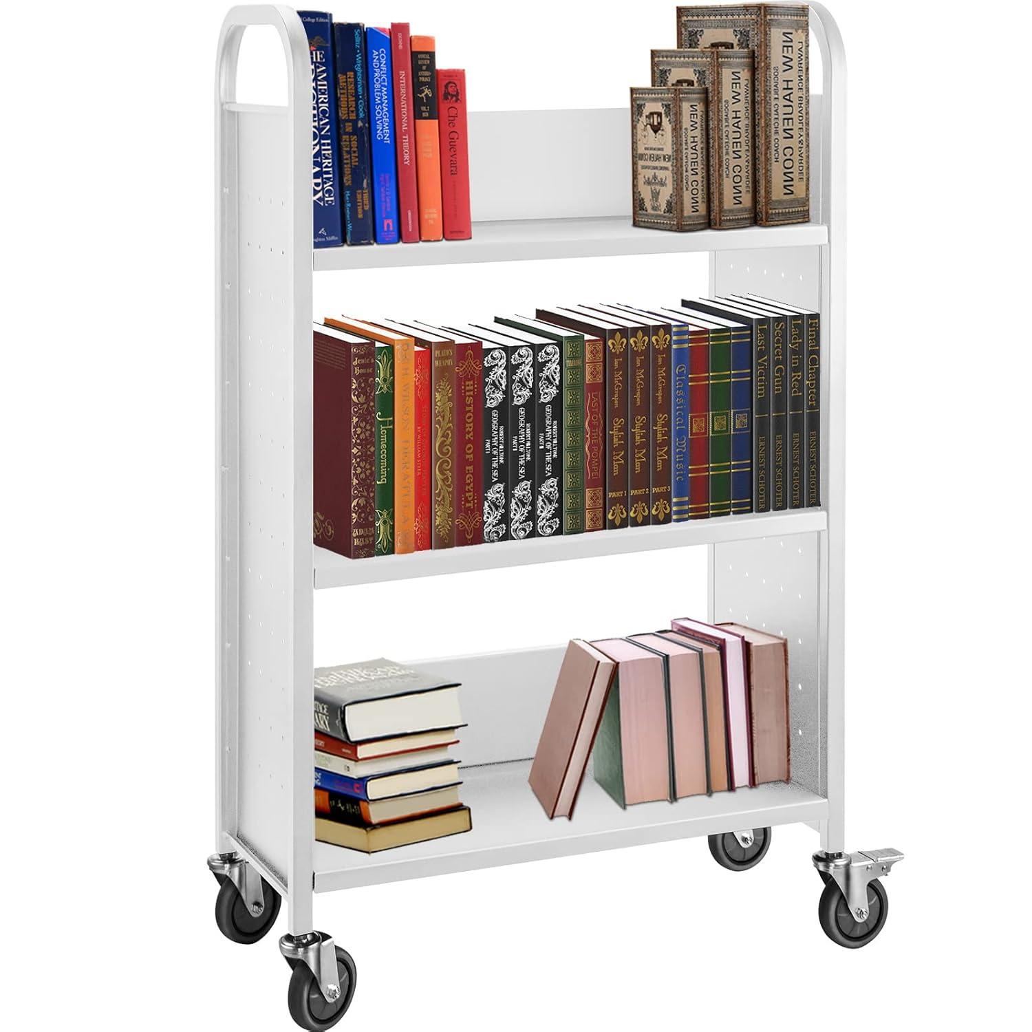 VEVOR Book Cart, 200lbs Library Cart, 30x14x49 Inch Rolling Book Cart Single Sided V-Shaped Sloped Shelves with 4 Inch Lockable Wheels, for Home Shelves Office and School Book Truck in Black