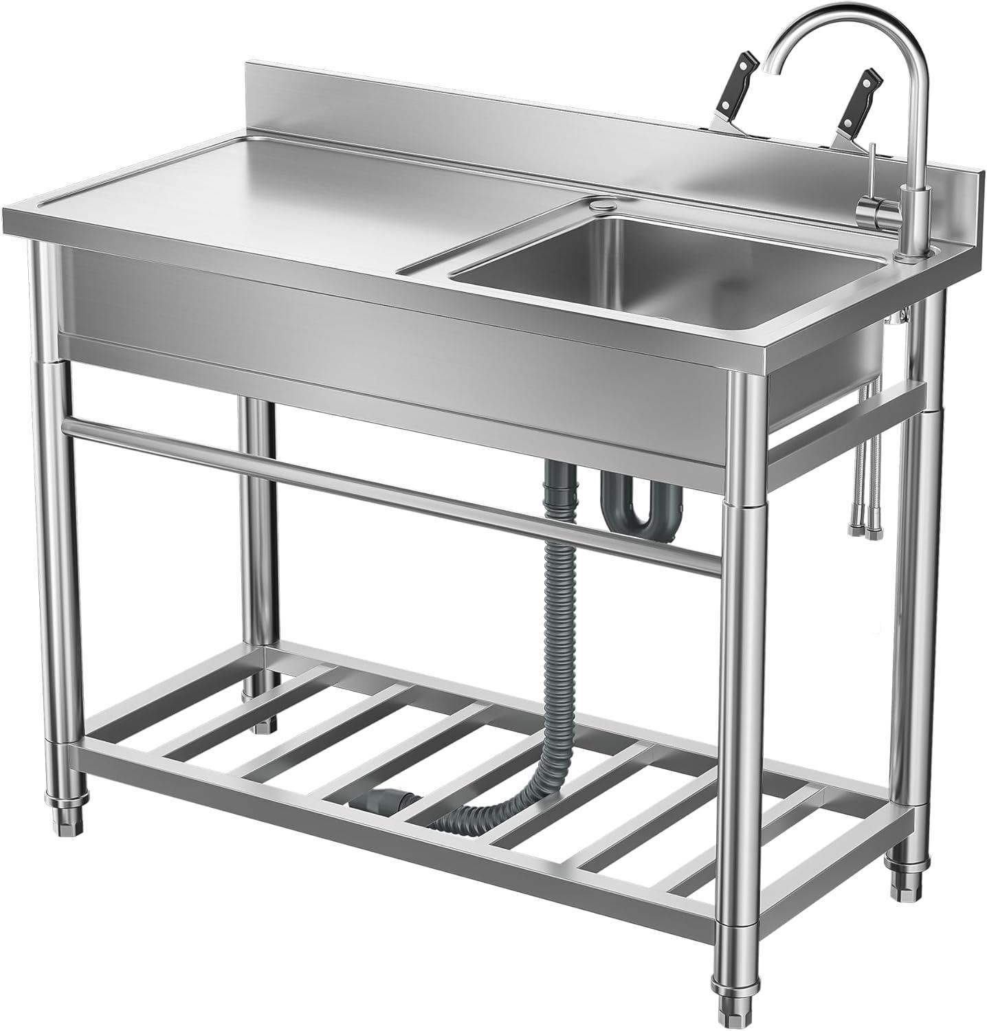 Stainless Steel Freestanding Utility Sink with Storage and Faucet