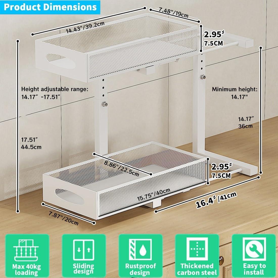 Sink Organizer, 2 Pack 2 Tier Sink Organizer and Storage, Slide-Out Pull-Out Cabinet Organizer, Sliding Metal Drawer for Home Kitchen, Bathroom, Pantry