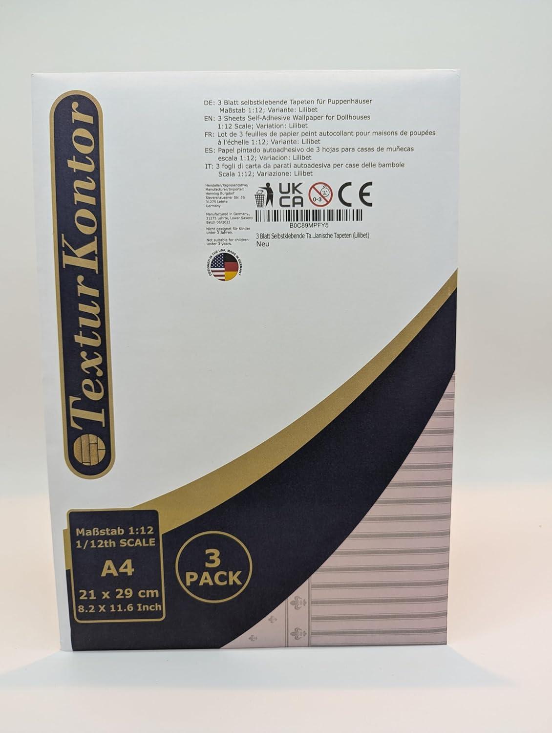 Lilibet 3 Sheets Self-Adhesive Wallpaper for Dollhouses - 1:12 Scale Classic & Victorian Wallpaper