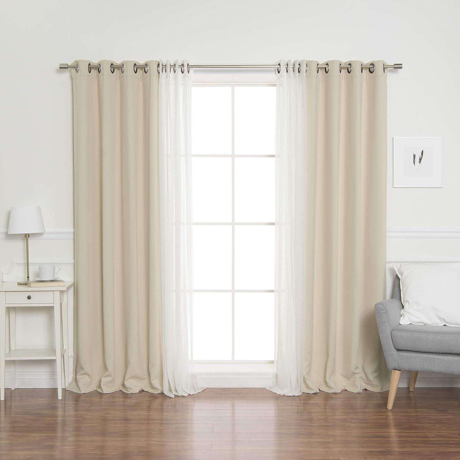 Best Home Fashion Mix & Match Tulle Sheer Lace & Blackout Curtain Set, Antique Bronze Grommet Top, Beige, 52"W X 96"L, (2 Curtains and 2 Sheer curtains)
