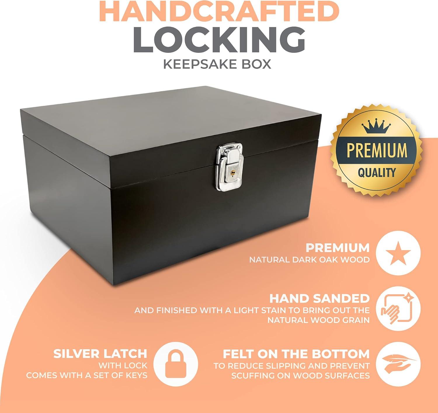 Black Wooden Storage Box with Hinged Lid and Locking Key- Large Keepsake Box with Lock - Wood Chest with Matte Finish - Store Jewelry Keepsakes Photos Gift Boxes (Black)