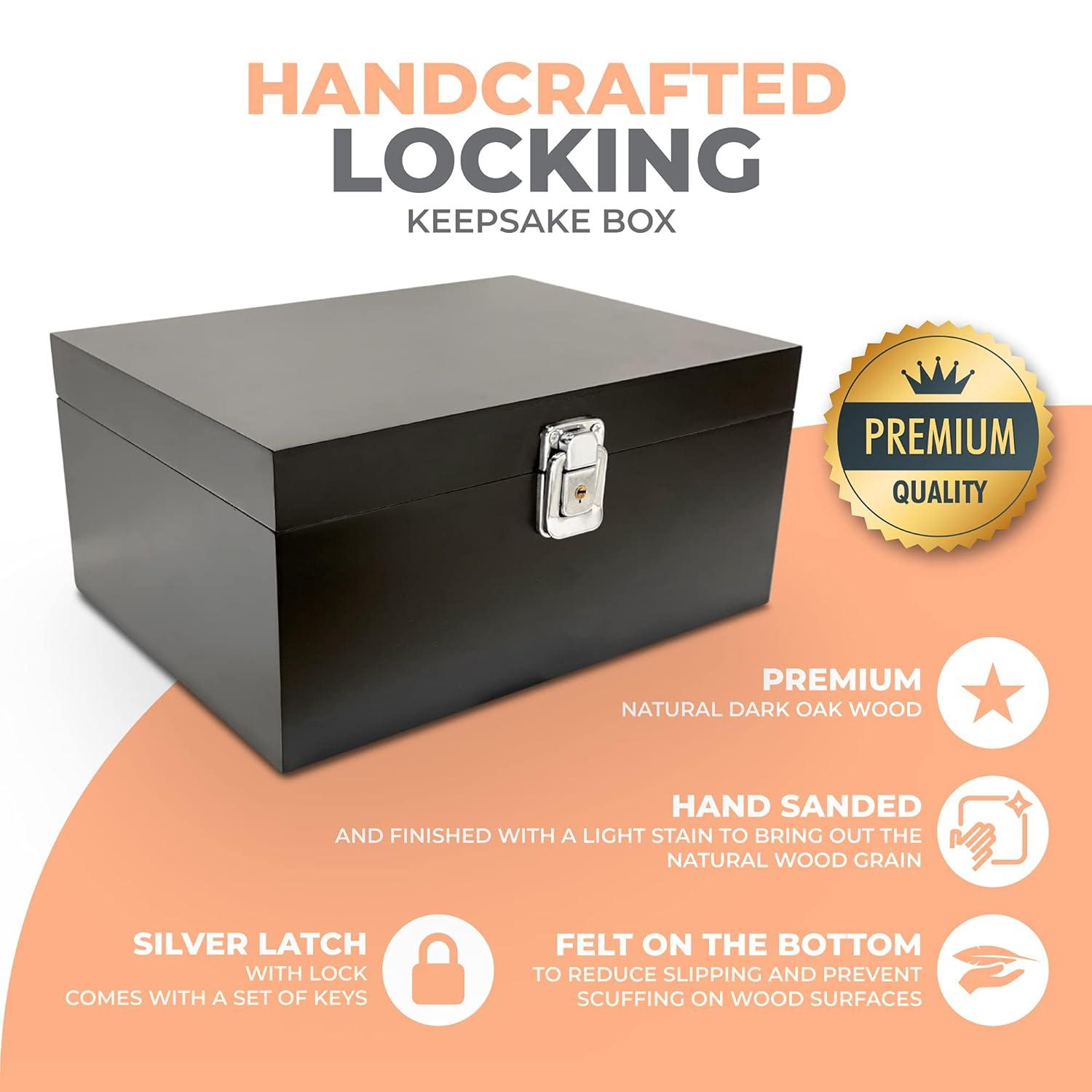 Black Wooden Storage Box with Hinged Lid and Locking Key- Large Keepsake Box with Lock - Wood Chest with Matte Finish - Store Jewelry Keepsakes Photos Gift Boxes (Black)