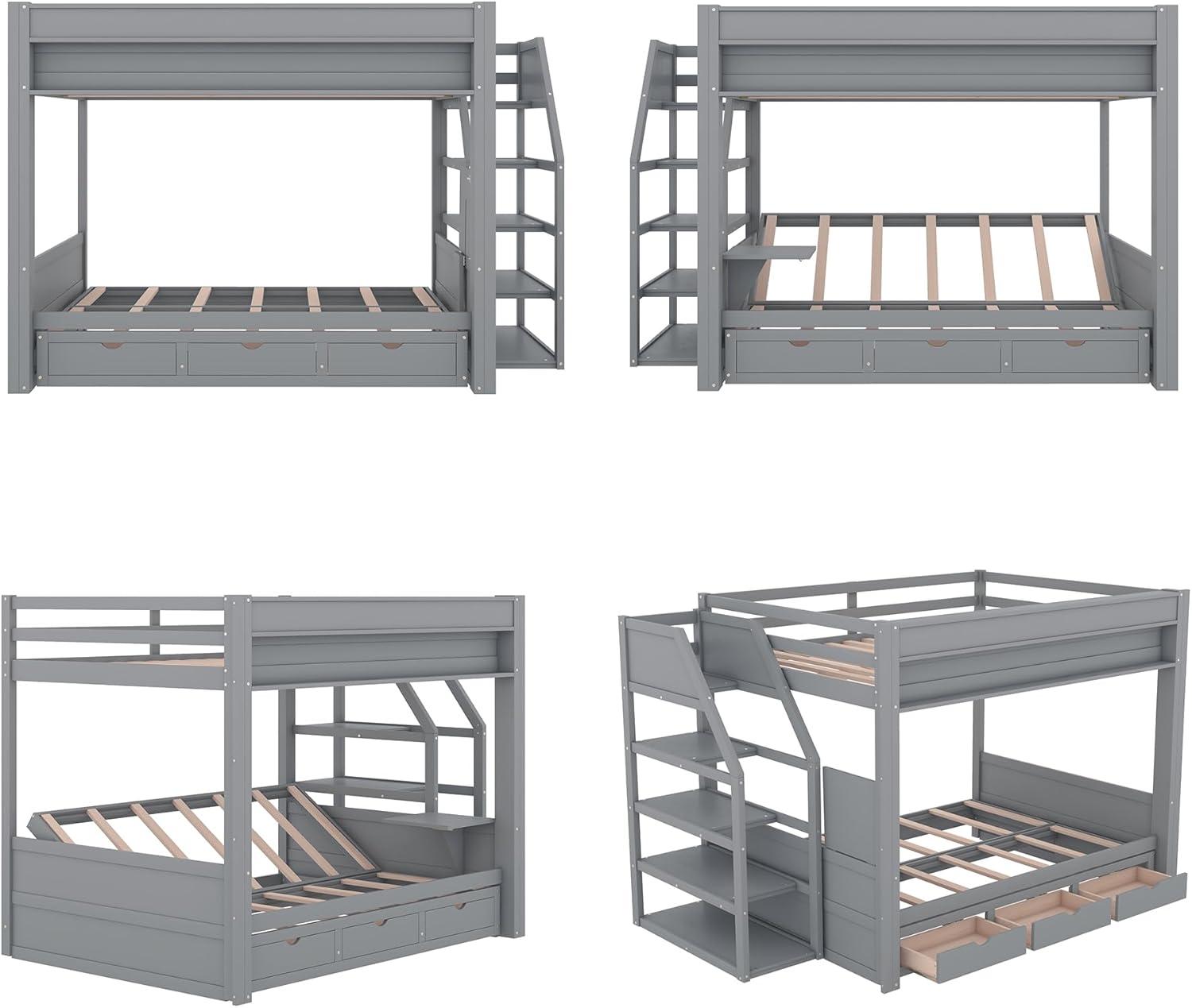 Harper & Bright Designs Full Over Full/Futon Bunk Beds with Stairs and 3 Drawers, Built-in Shelf, Bottom Bed can be Converted into Daybed, Solid Wood Bunk Bed Frame - Gray