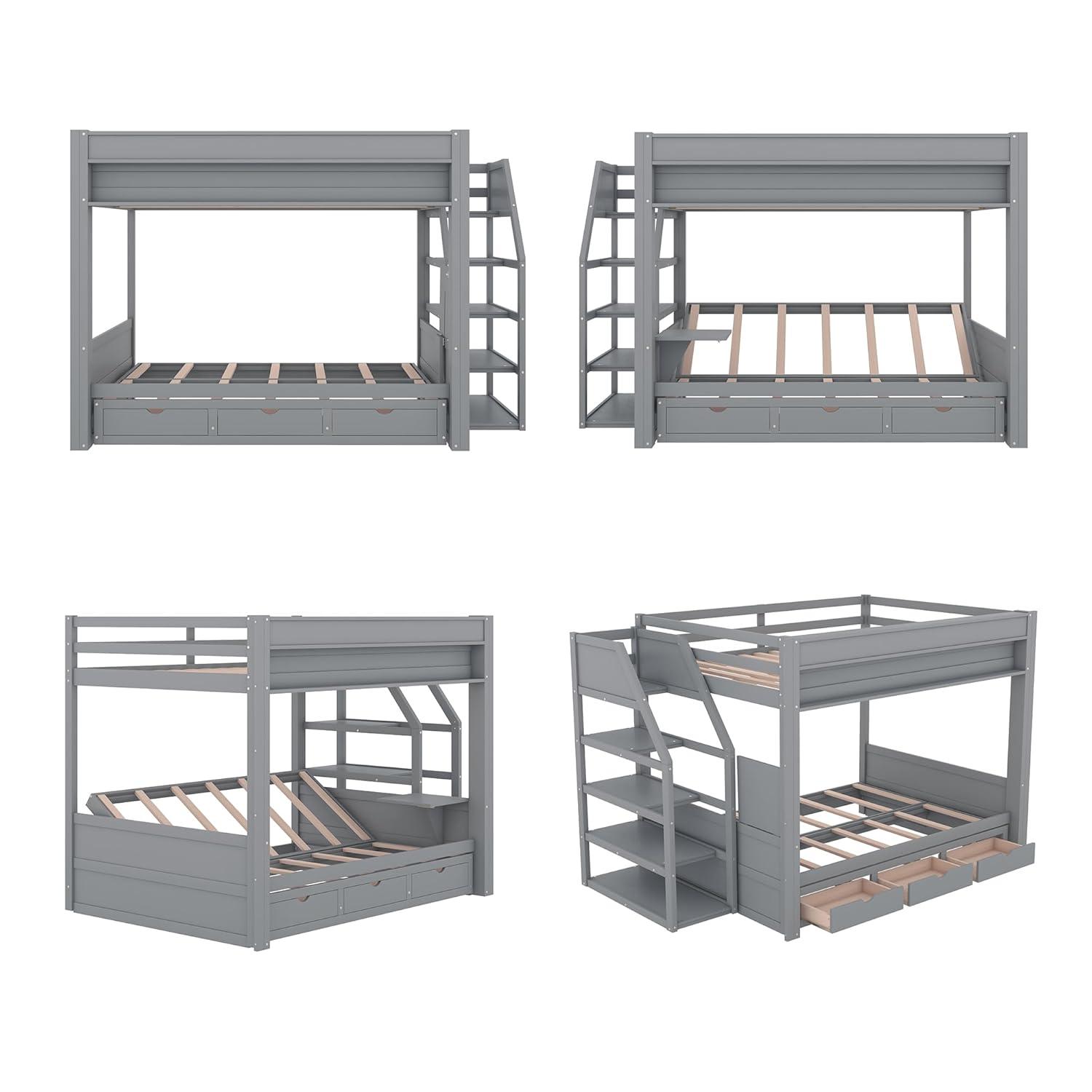 Harper & Bright Designs Full Over Full Bunk Beds with Stairs and Small Shelf, Wood Convertible Bunk Bed can be Converted into Daybed (Gray)