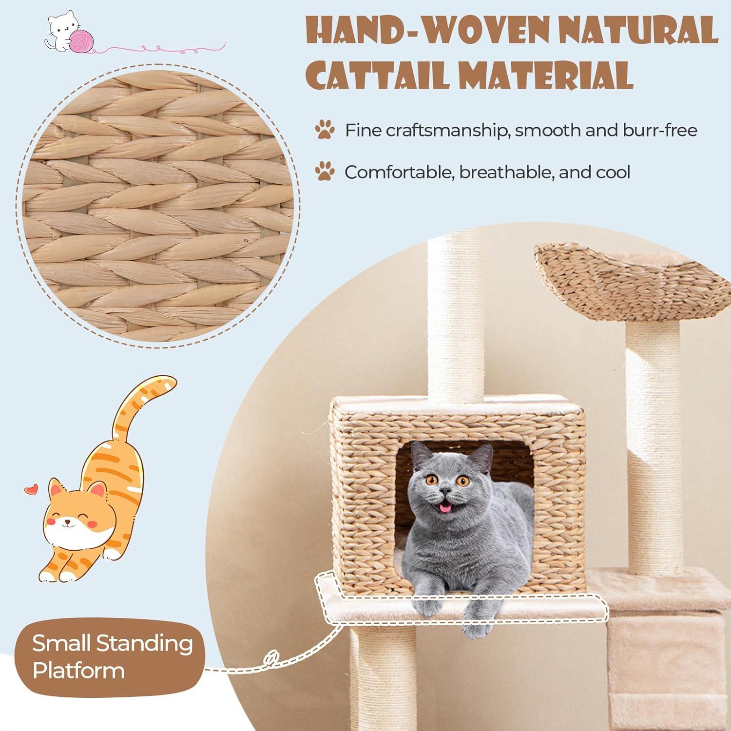 Giantex Wooden Cat Tree, 48 inches Cat Tower with Cattail Condo, Cat Bed, Hammock, Rotatable Jingling Balls, Natural Sisal Scratching Posts, Removable Cushion, Multi-Level Kitten Activity Center
