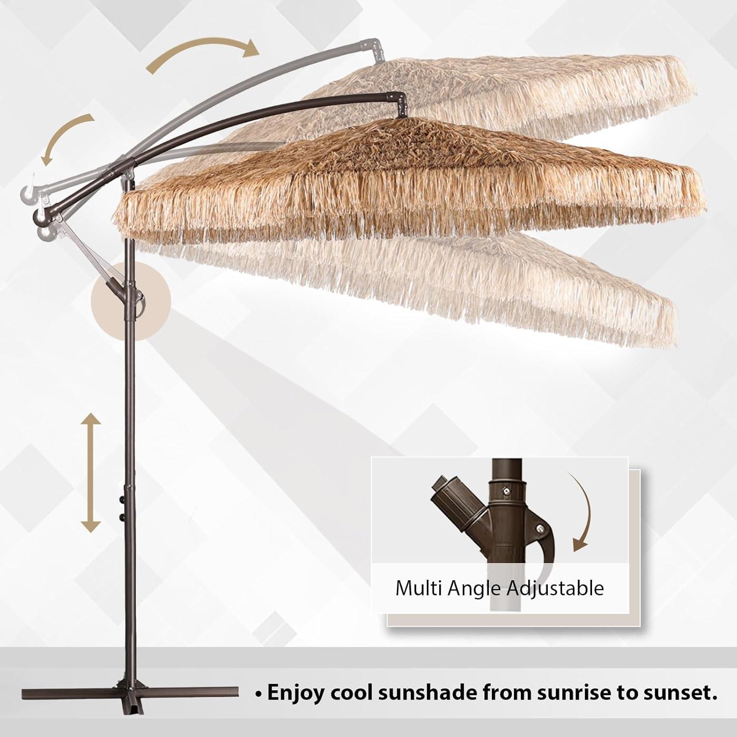 Aoodor 10FT Cantilever Tiki Thatch Patio Umbrella, Hand-Push Tilt Offset Umbrella for Outdoor, Natural Straw Look (No Base)