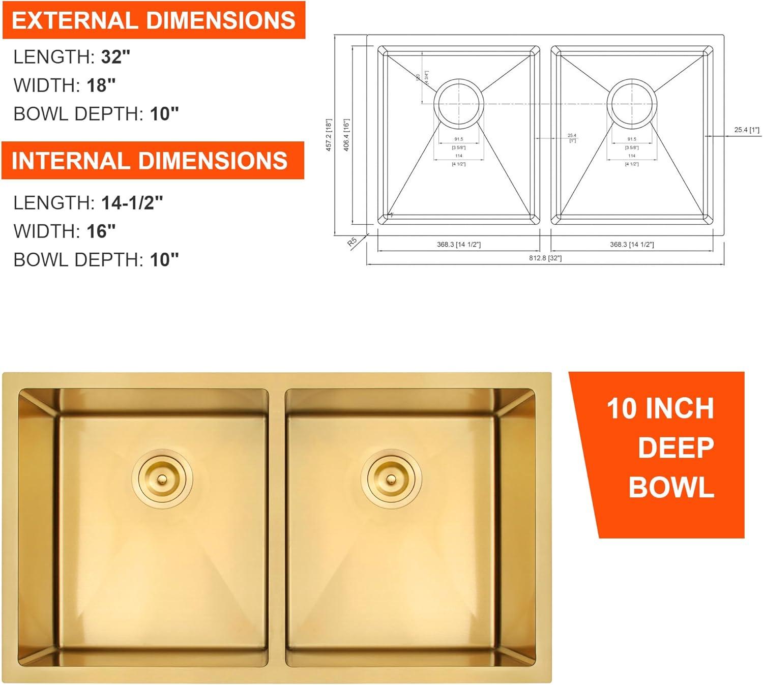 Blenzia 32 Inch Gold Double Bowl Kitchen Sink Undermount 50/50 Stainless Steel 16 Gauge Sinks 32" X 18" X 10"