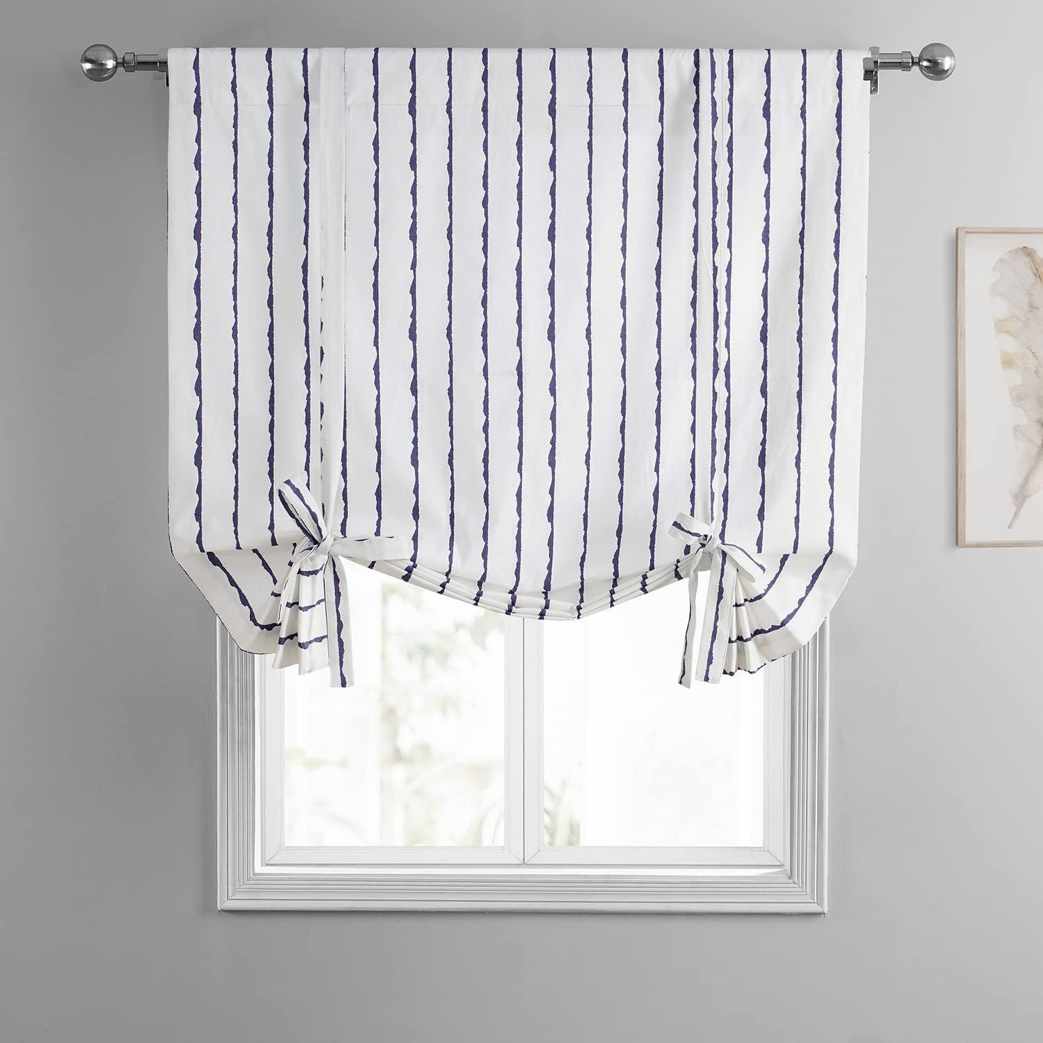 Exclusive Fabrics  Sharkskin Printed Cotton Tie-Up Window Shade (1 Panel) 46 X 63 - Sharkskin Blue Stripe