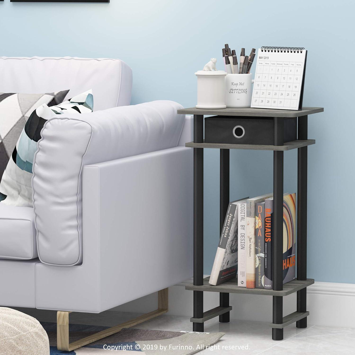 Furinno 2-17017 Turn-N-Tube Tall End Table with Bin, French Oak Grey/Black/Black, Set of 2