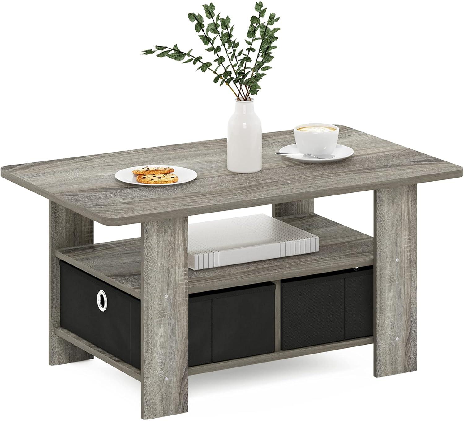 French Oak Gray and Black Wood Coffee Table with Storage Bins
