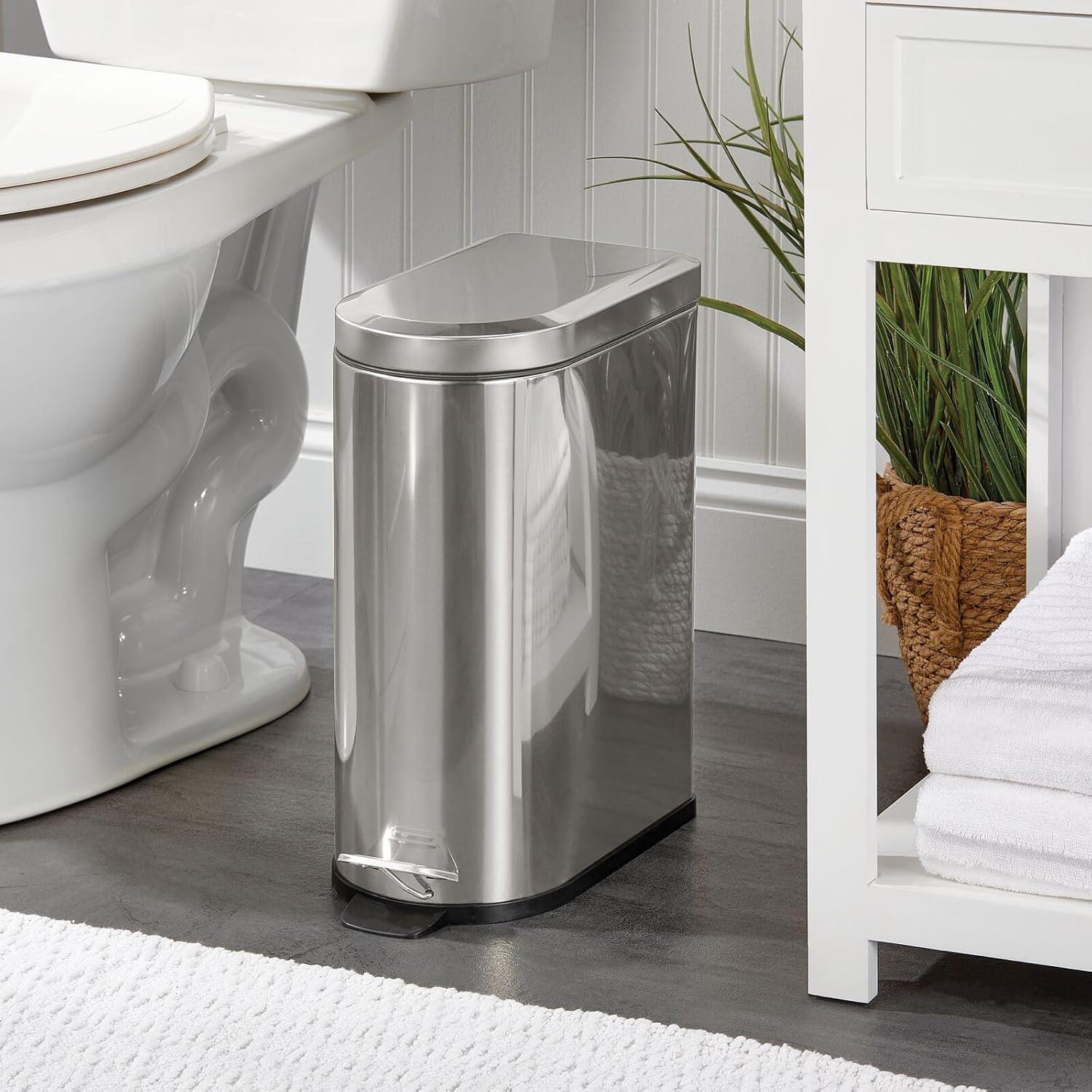 mDesign Small 2.6 Gallon Steel Metal Step Trash Can for Bathroom, Brushed/Chrome