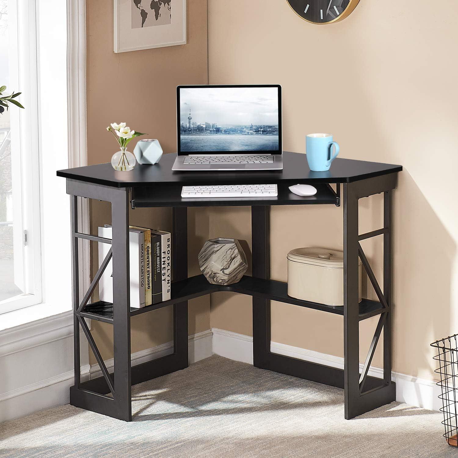 Black Triangular Corner Computer Desk with Keyboard Tray