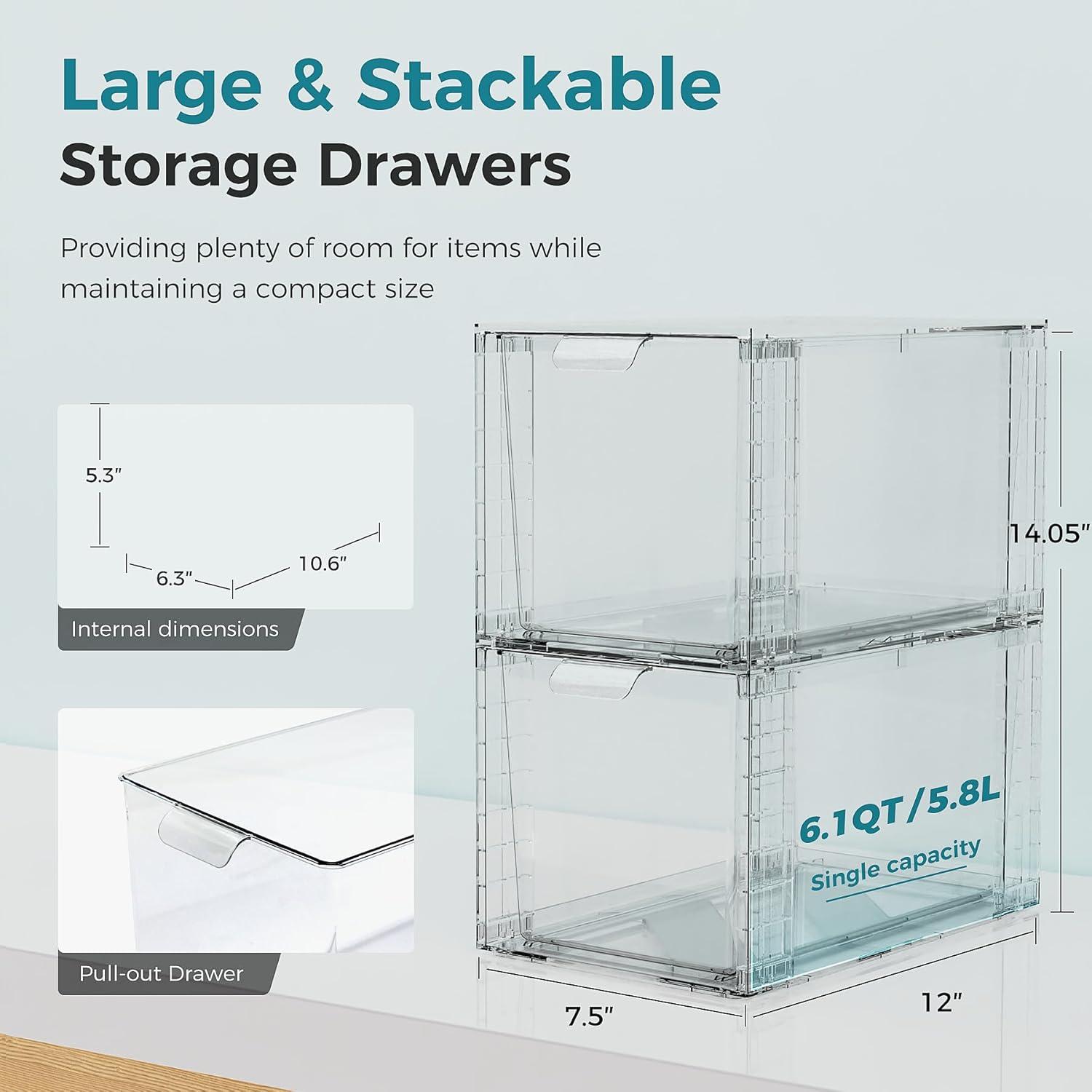 Clear Stackable Acrylic Storage Drawers with Handles, 4 Pack