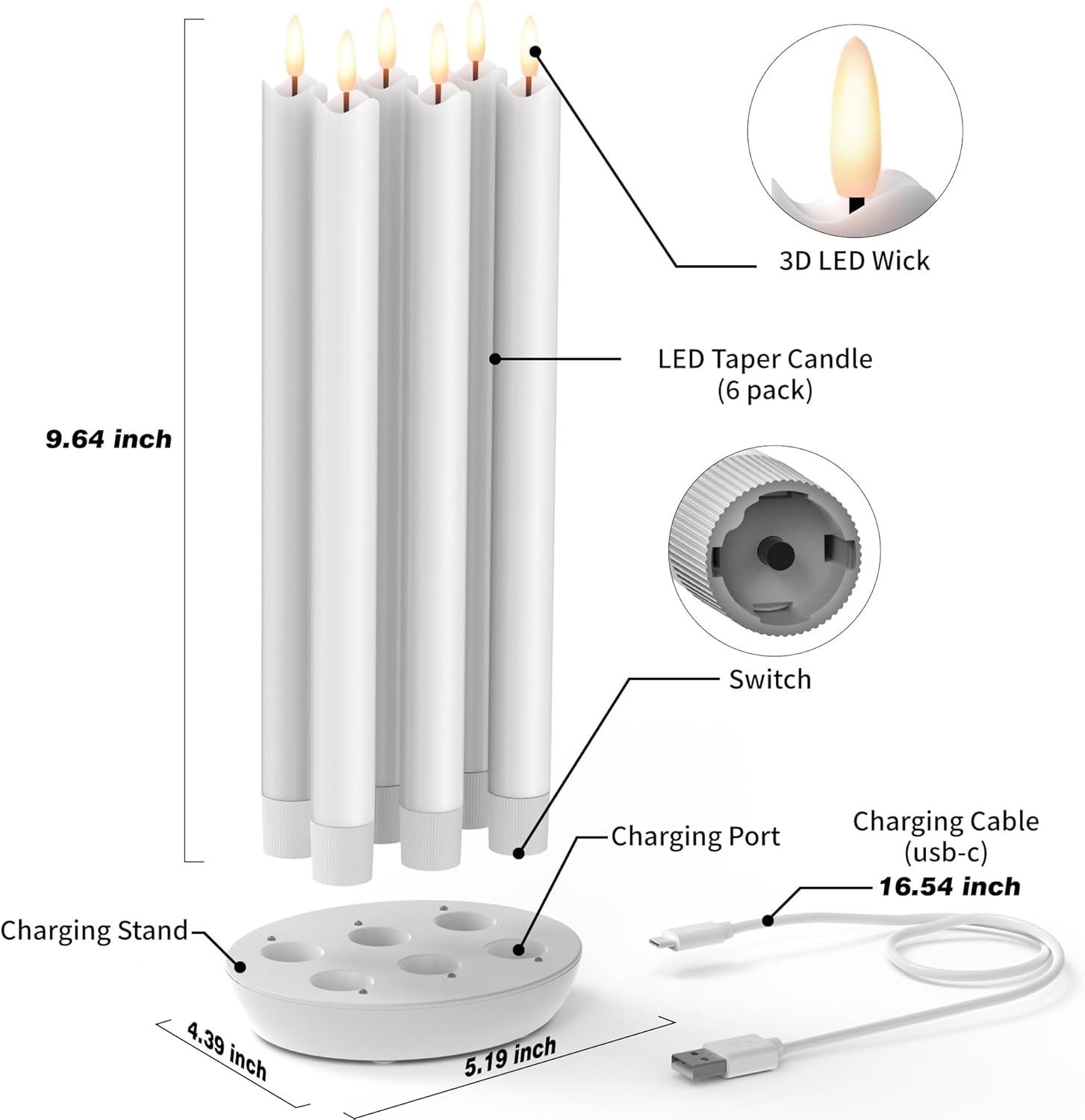 Rechargeable Flameless Taper Candles With Charging Station, 6 Pcs Real Wax LED Taper Candles Flickering With Remote&Timer, 3D Flame Candlesticks For Home Wedding Christmas Decor