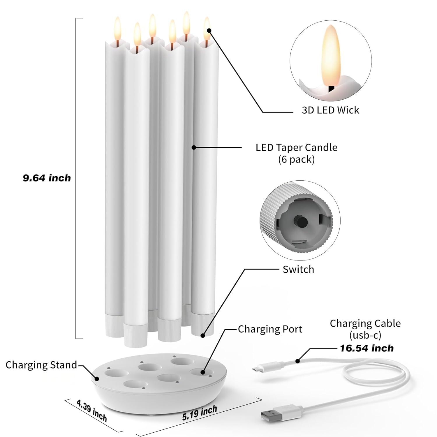 Rechargeable Flameless Taper Candles With Charging Station, 6 Pcs Real Wax LED Taper Candles Flickering With Remote&Timer, 3D Flame Candlesticks For Home Wedding Christmas Decor