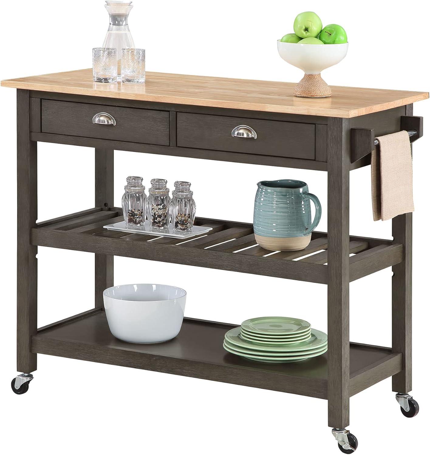 Gray Wood Butcher Block Kitchen Cart with Wine Rack